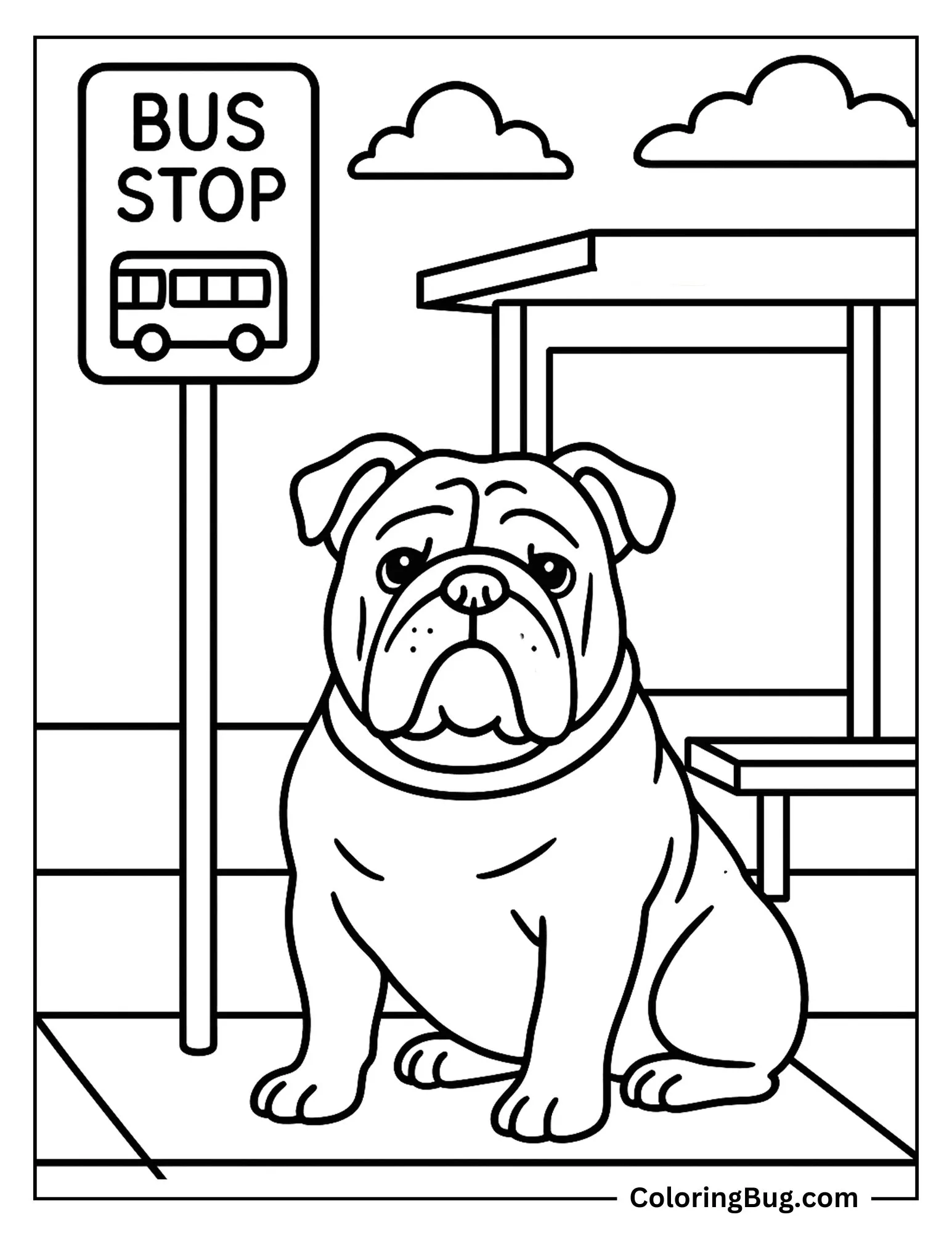English Bulldog Waiting for a Bus Coloring sheet