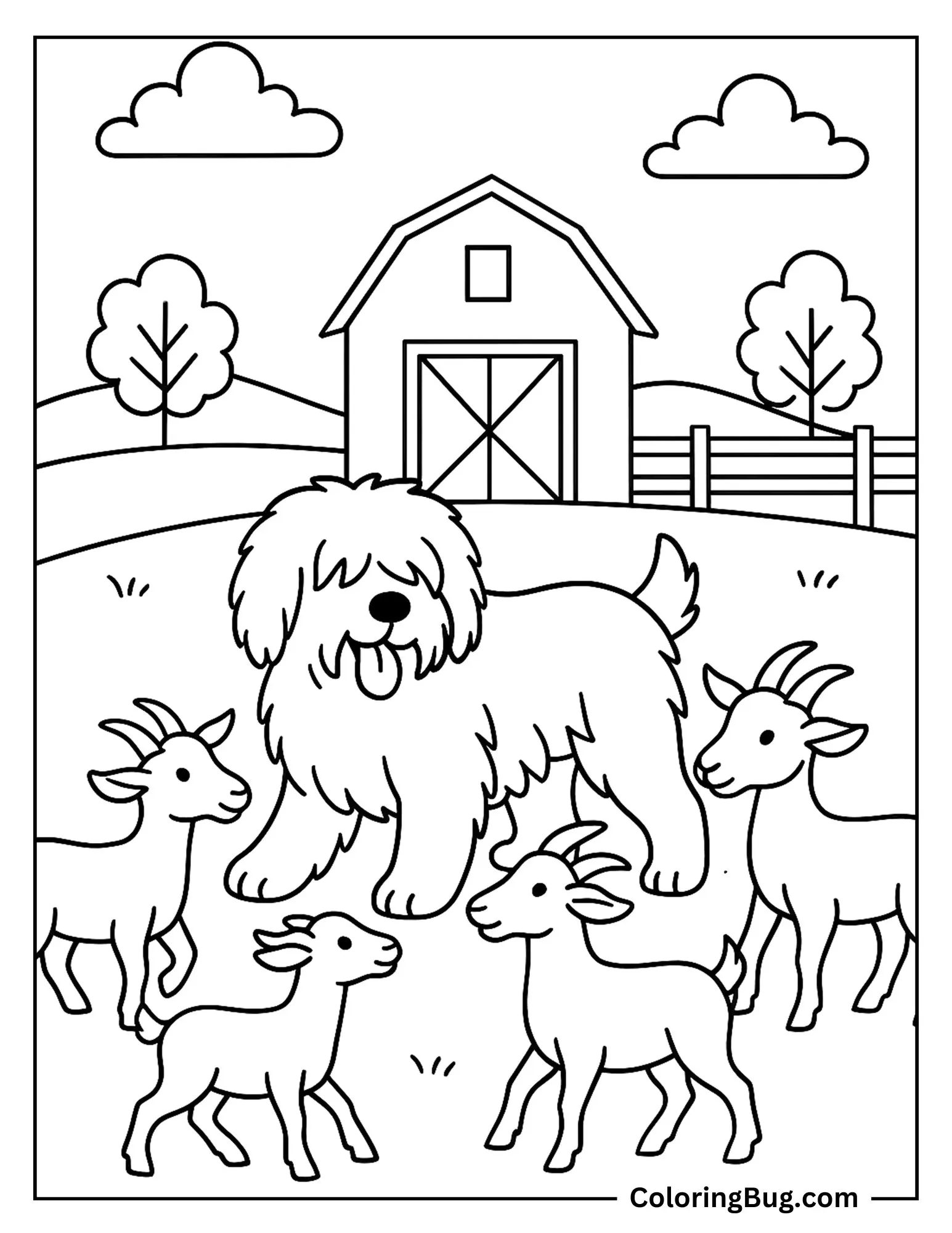 English Sheepdog Playing With Goats Coloring sheet