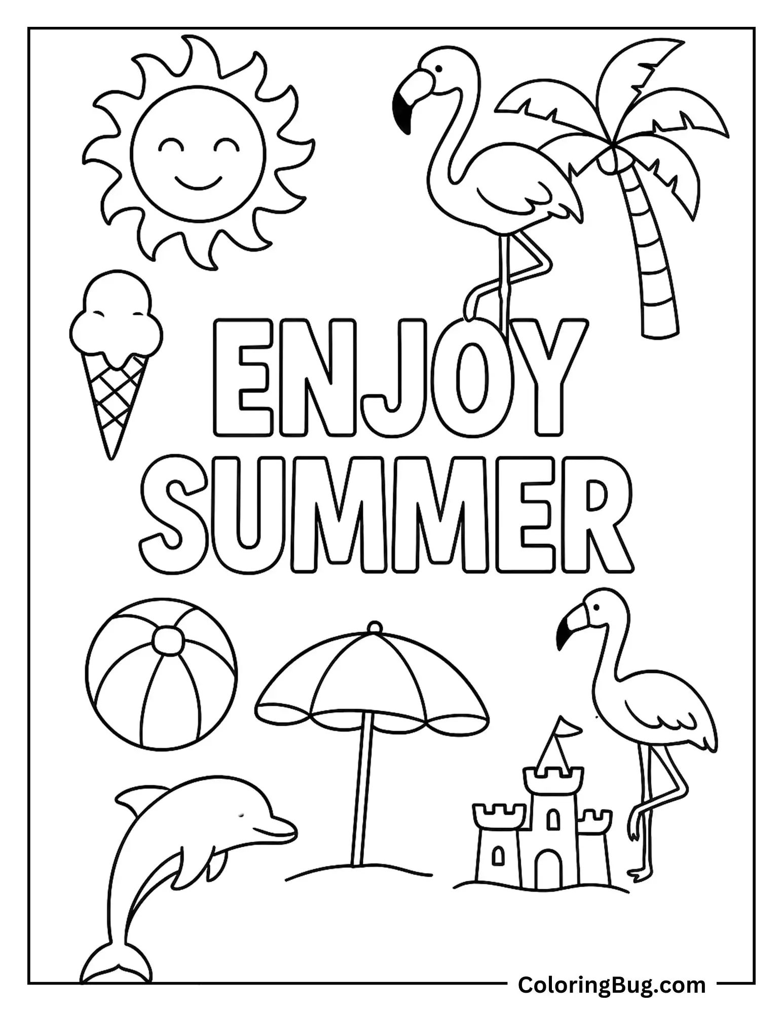 Enjoy Summer Text Surrounded By Ice Cream, Sun, Flamingo, Ball, Umbrella, Palm Tree, Sandcastle, Dolphin Coloring sheet