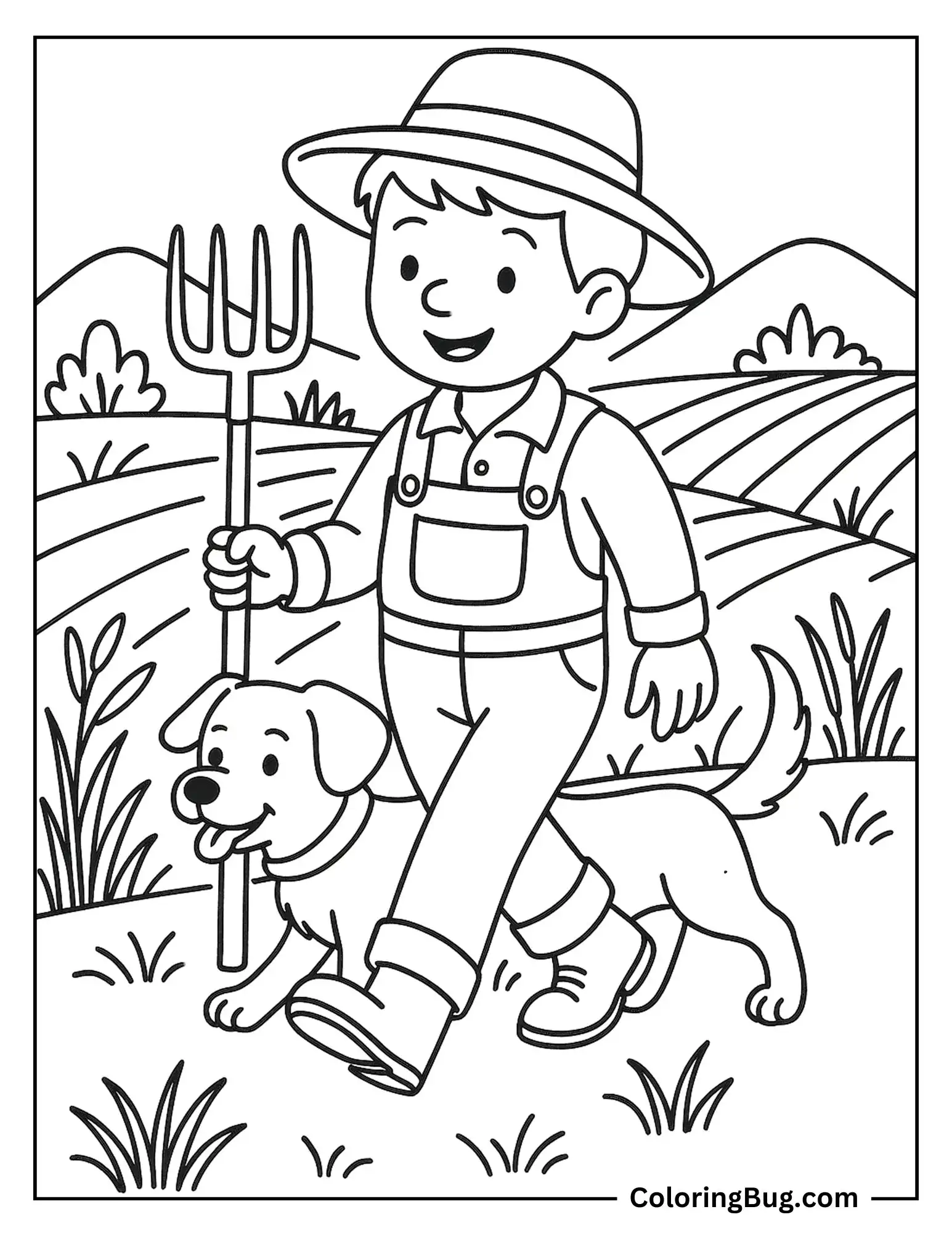 Farmer Boy Walking With His Dog Coloring sheet