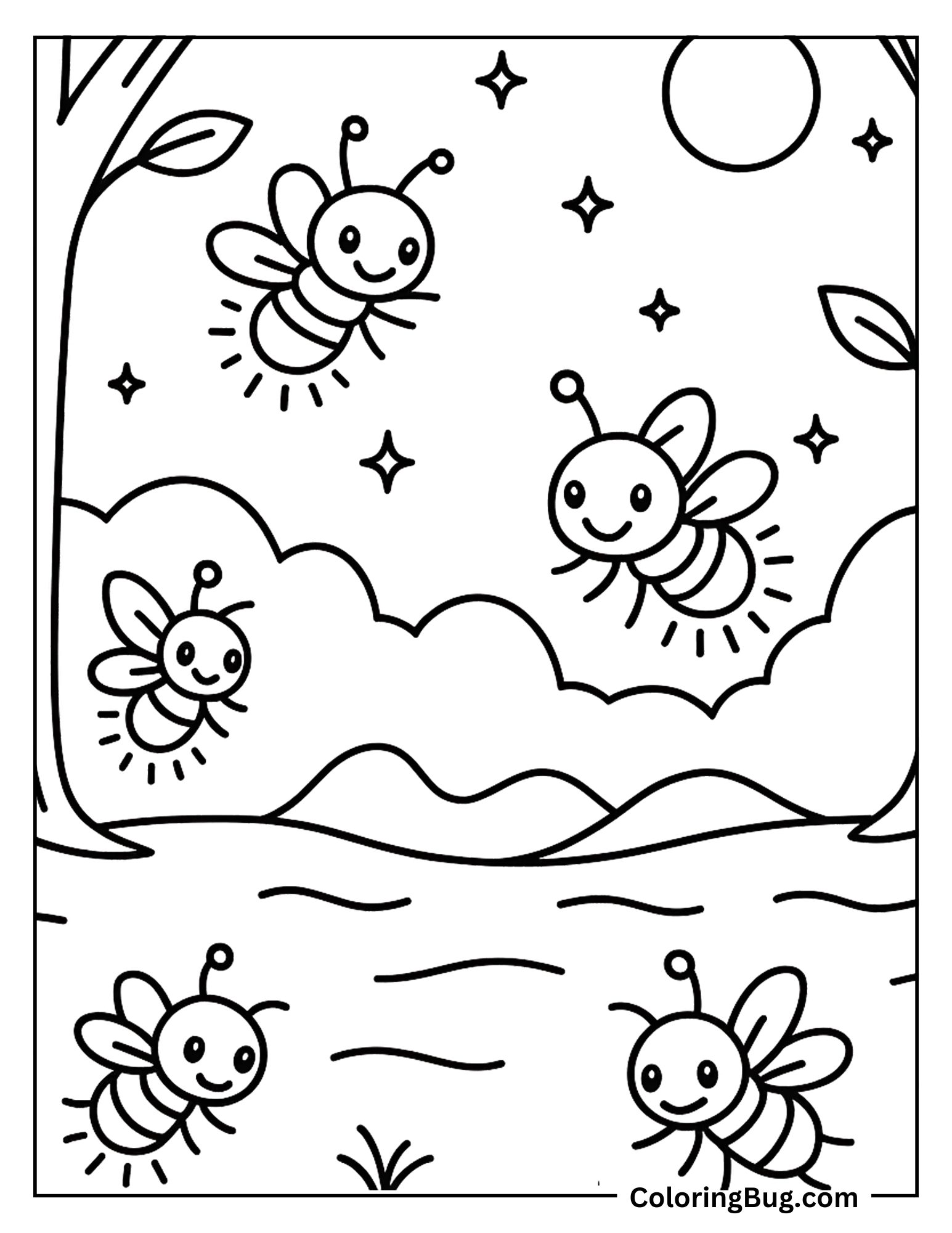 Fireflies Brighten up The Summer Night Sky Coloring Sheet