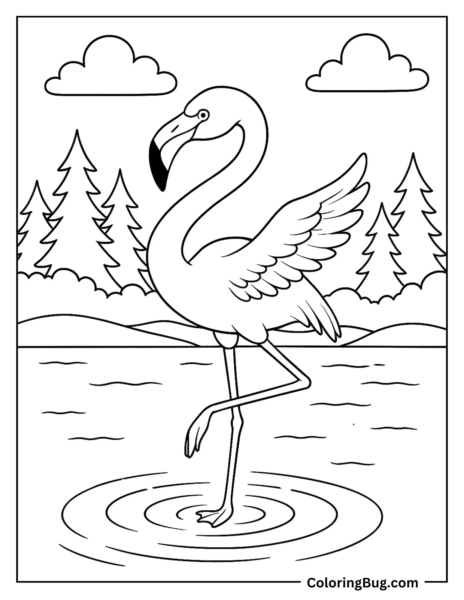 Flamingo Dancing in The Lake Coloring sheet