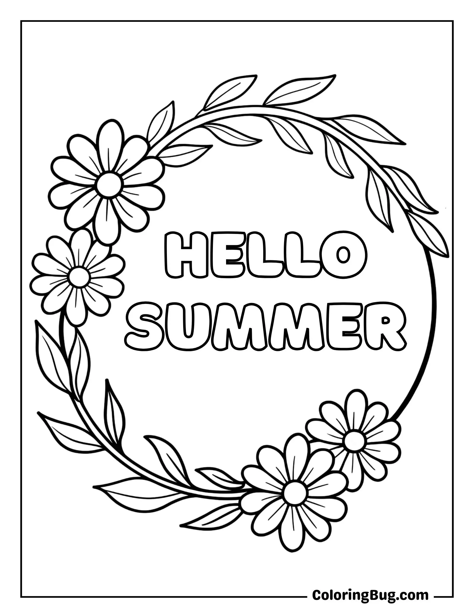 Floral Wreath of Marigolds and Daisies Coloring Sheet