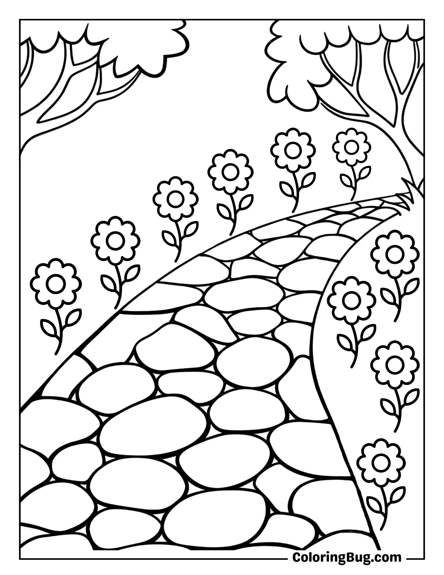 Garden Path with Summer Flowers Coloring Sheet