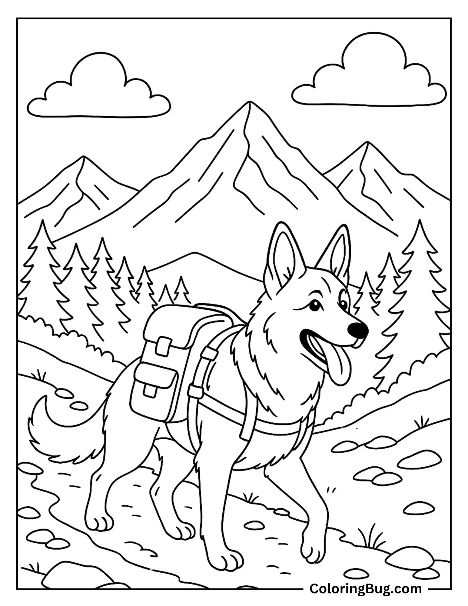 German Shepherd Hiking on a Mountain Trail Coloring sheet
