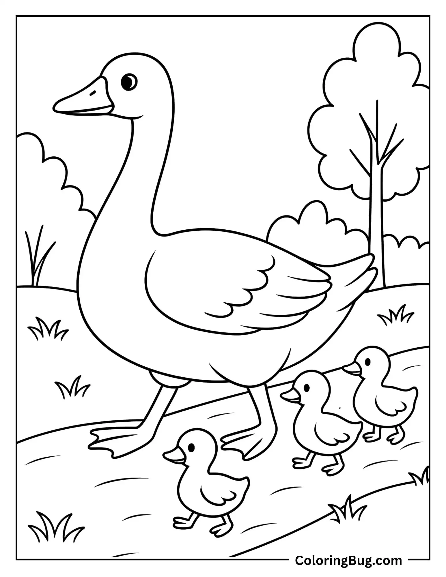 Goose Walking With Goslings on a Grassy Pathway Coloring sheet