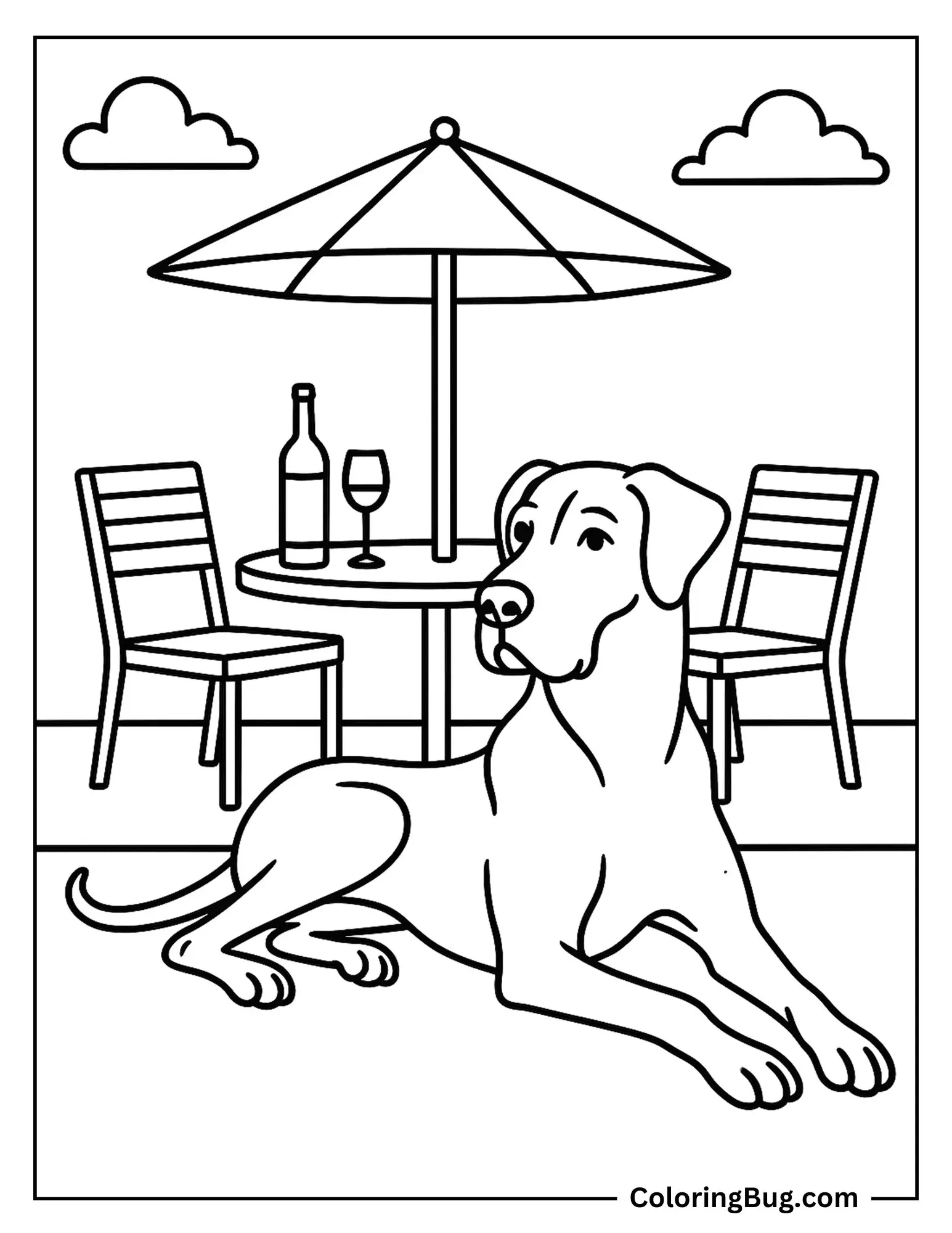 Great Dane Lounging at an Outdoor Restaurant Coloring sheet