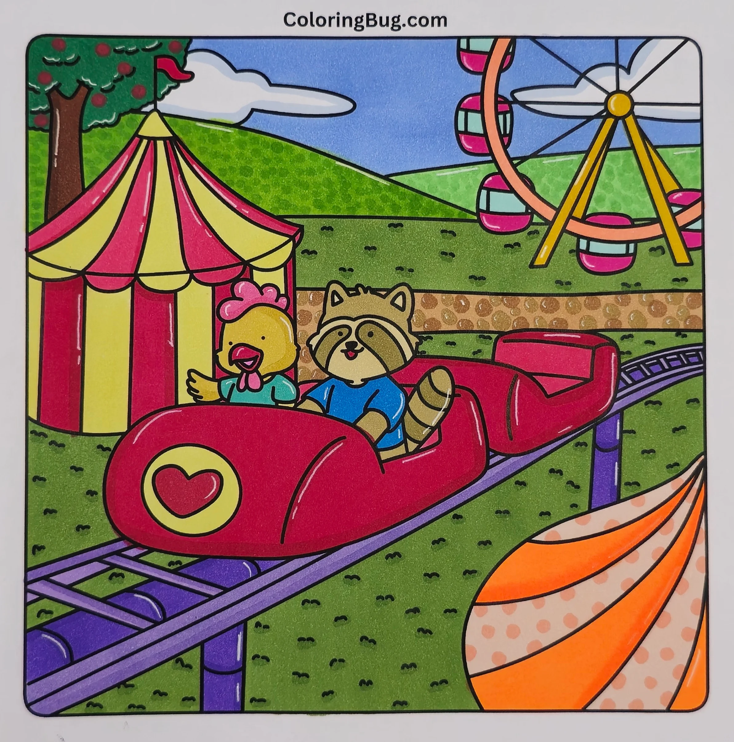 Hand-Drawn Cozy Coloring Page of Animal Friends on Rollercoaster Ride Colored in Using Alcohol-Based Markers
