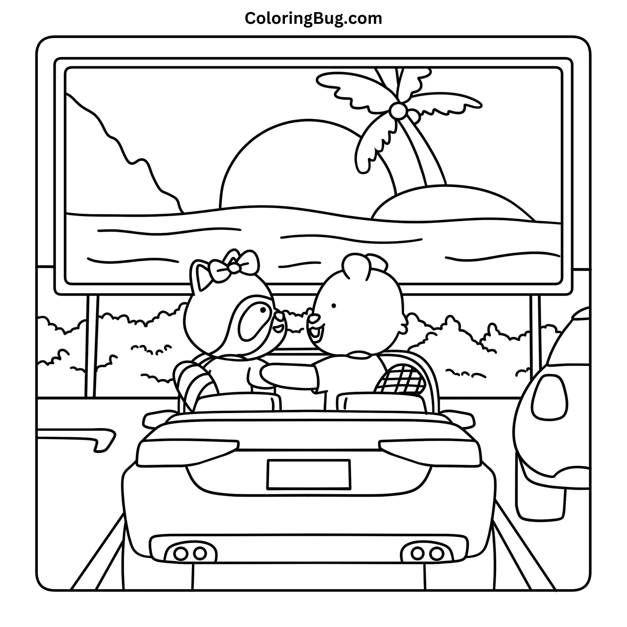Hand-Drawn Cozy Coloring Page with Animal Friends at an Outdoor Cinema