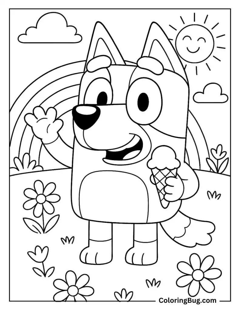 Happy Bluey Having Ice Cream Coloring Page