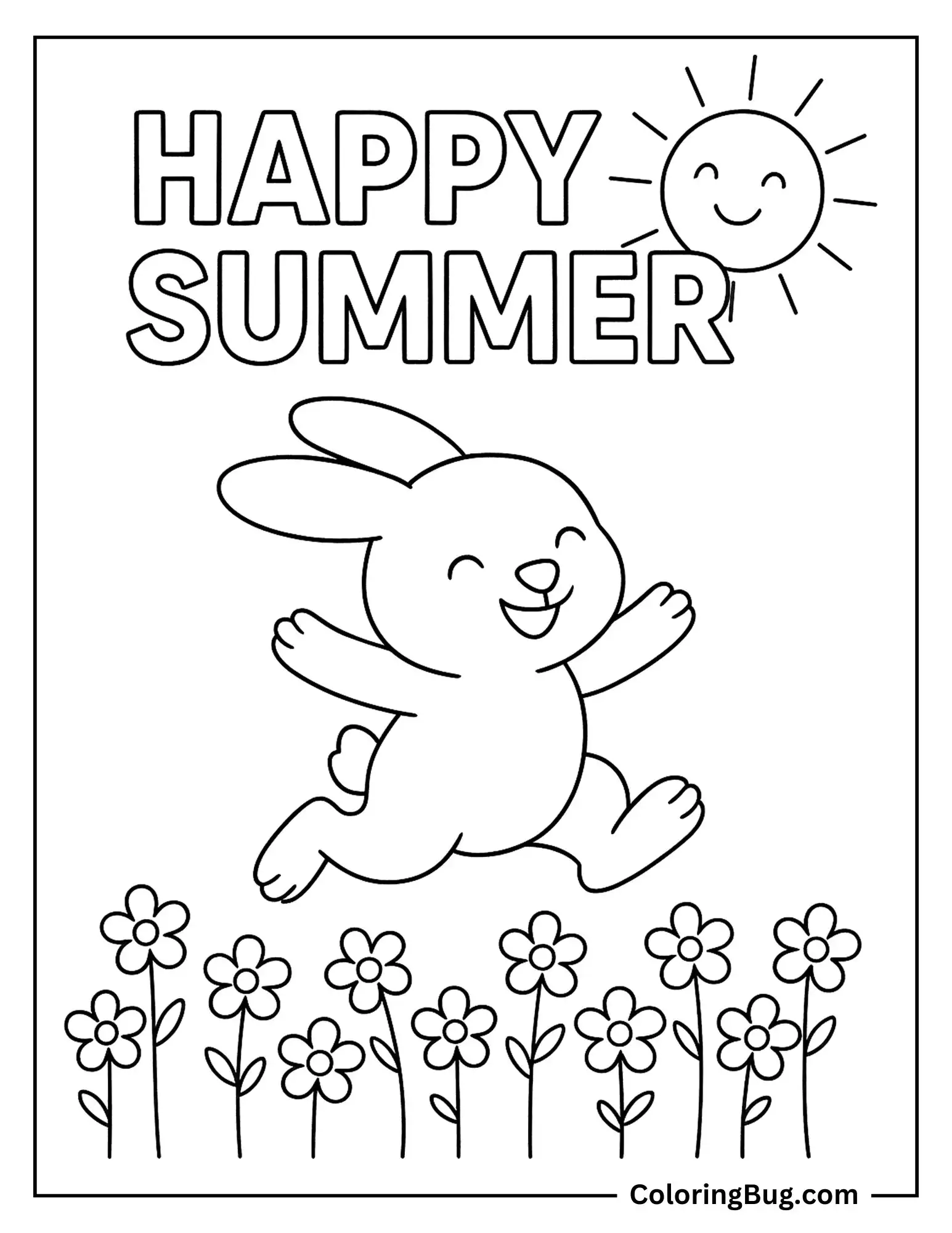 Happy Bunny Hopping Through Flowers Coloring Sheet
