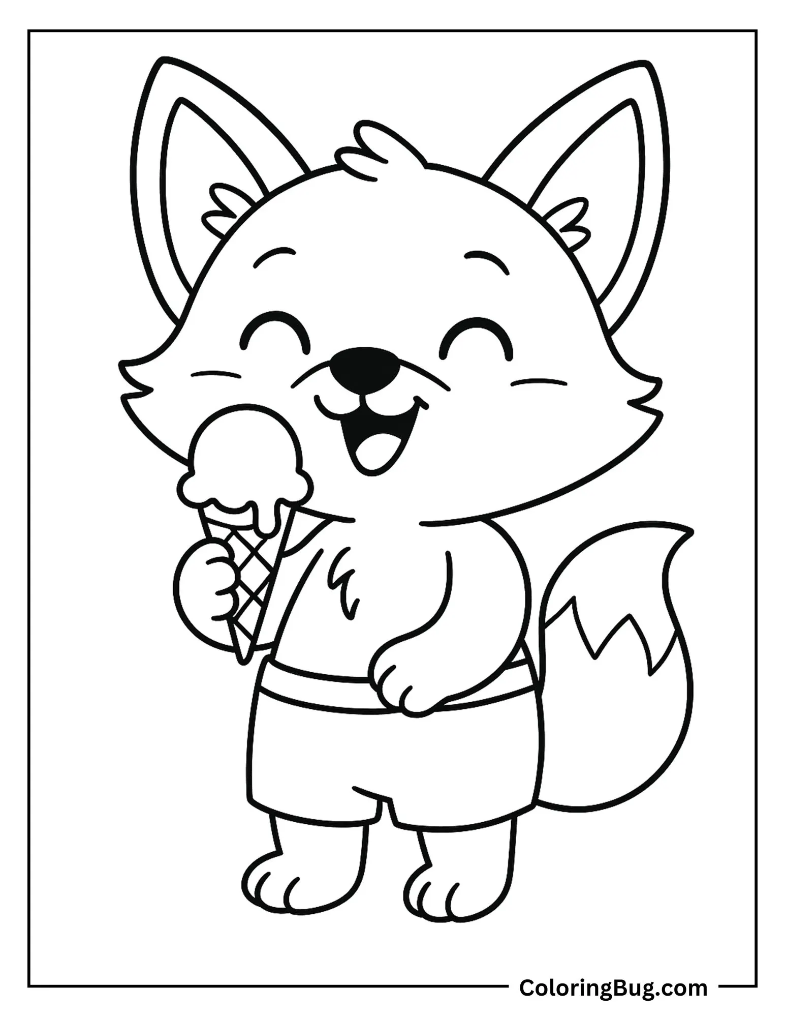 Happy Fox Holding Ice Cream Cone Coloring Sheet