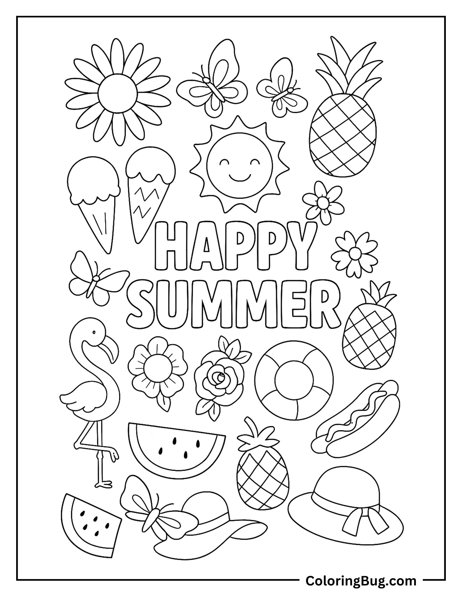 Happy Summer Surrounded By Butterflies, Flowers, Pineapple, Flamingo, Sun, Ice Cream, Floatie, Hotdog And Watermelon Coloring sheet