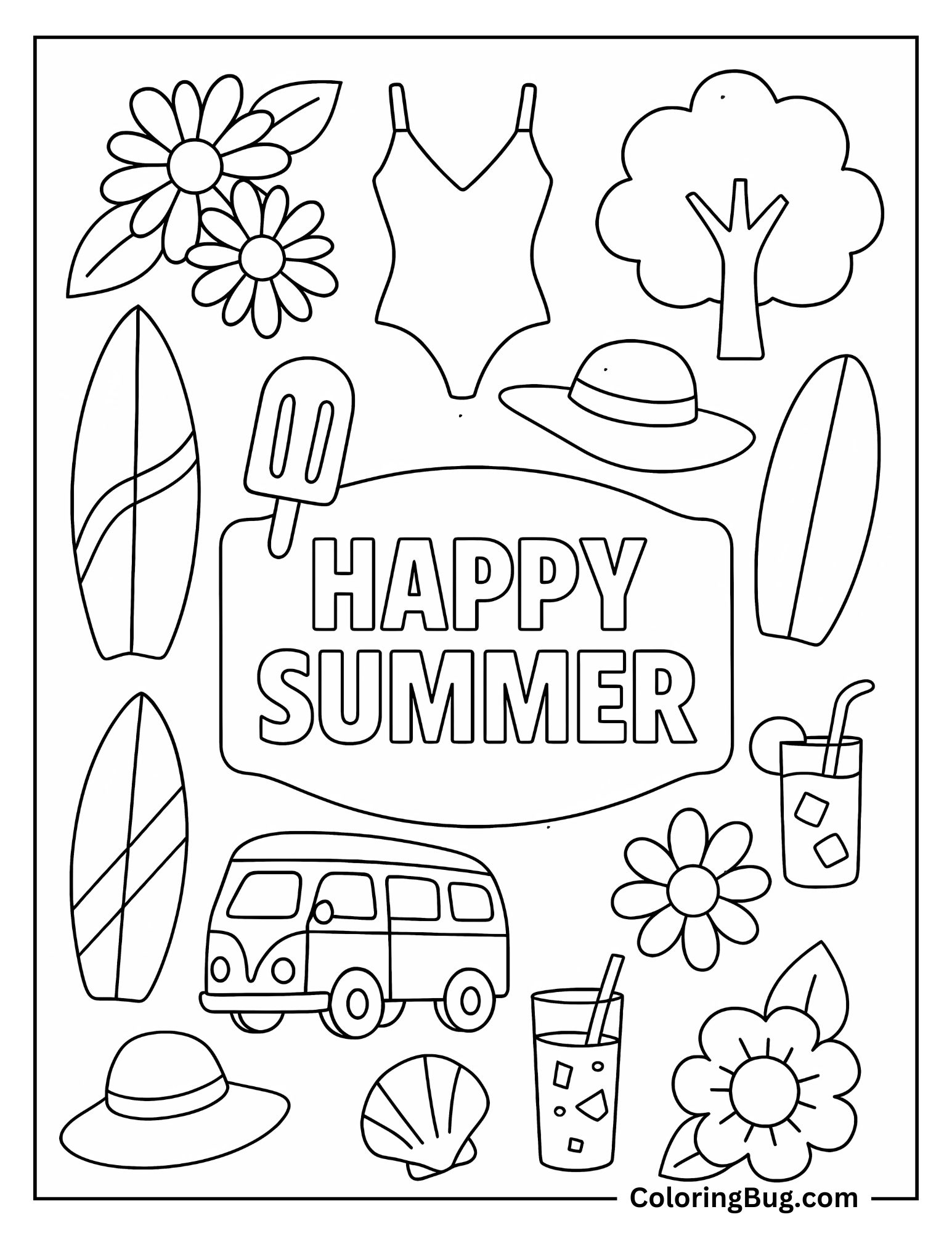 Happy Summer With Summer Essentials  Coloring Sheet