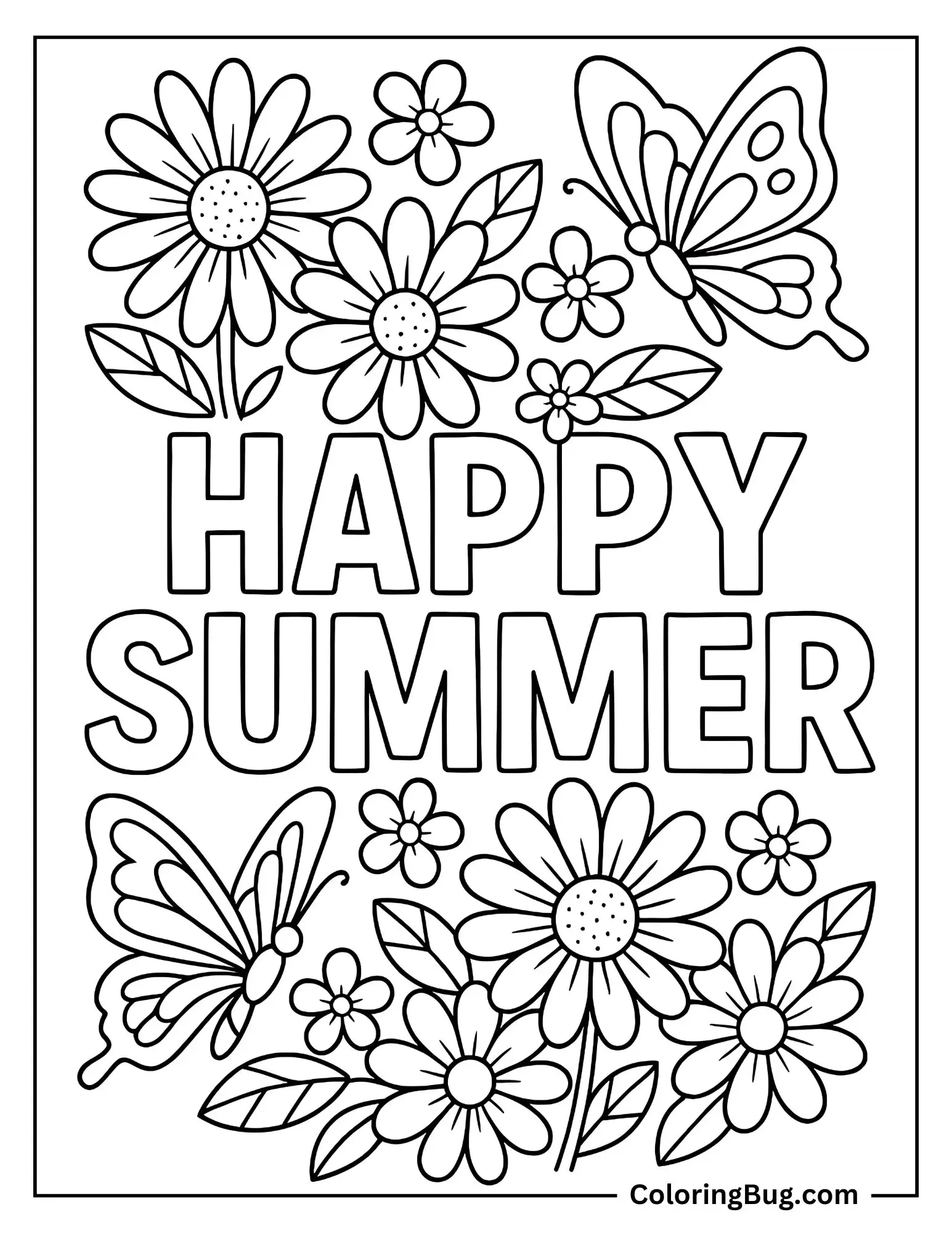 Happy Summer With Summer Flowers And Butterflies Coloring Sheet