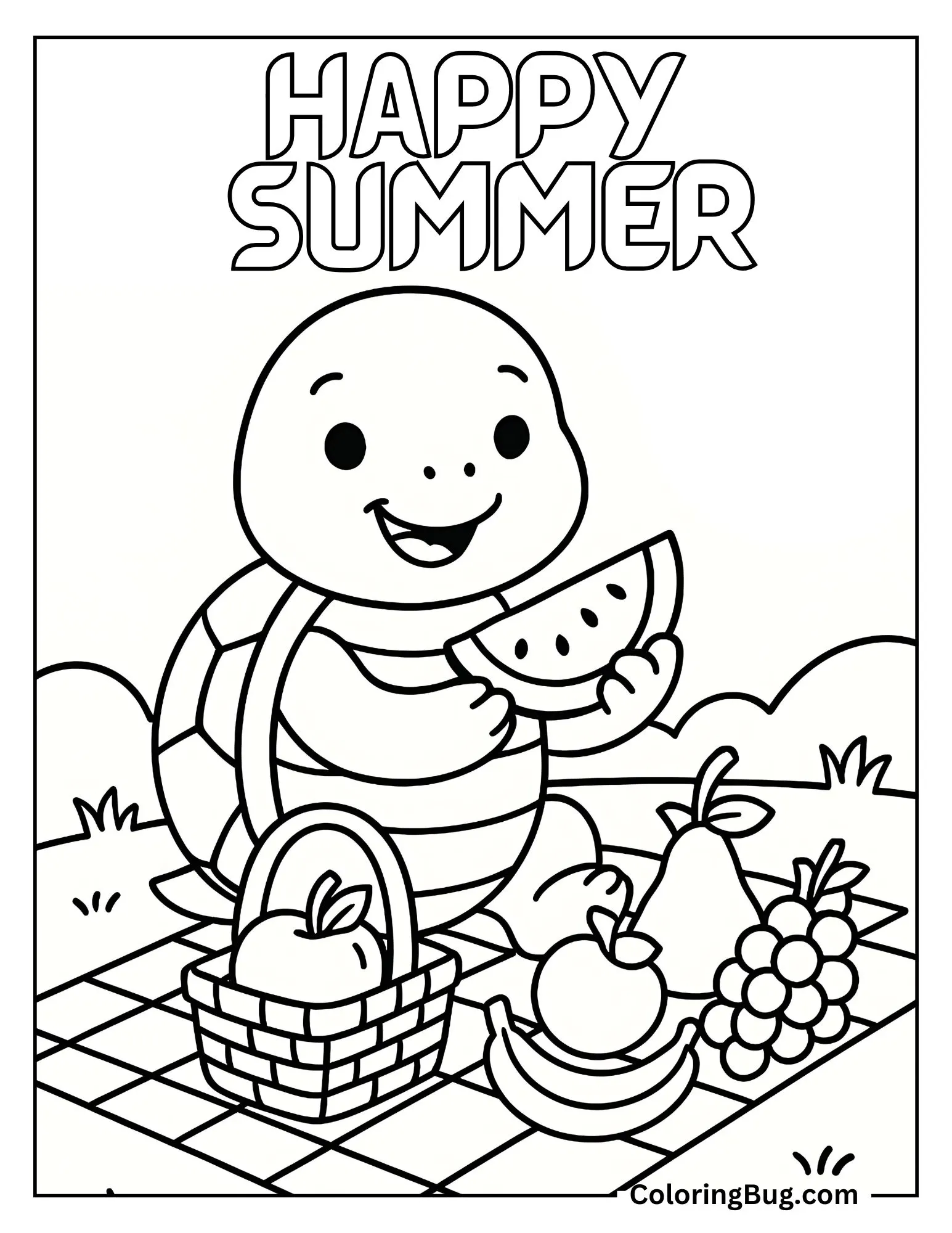 Happy Turtle Having Fruits Picnic Coloring Sheet