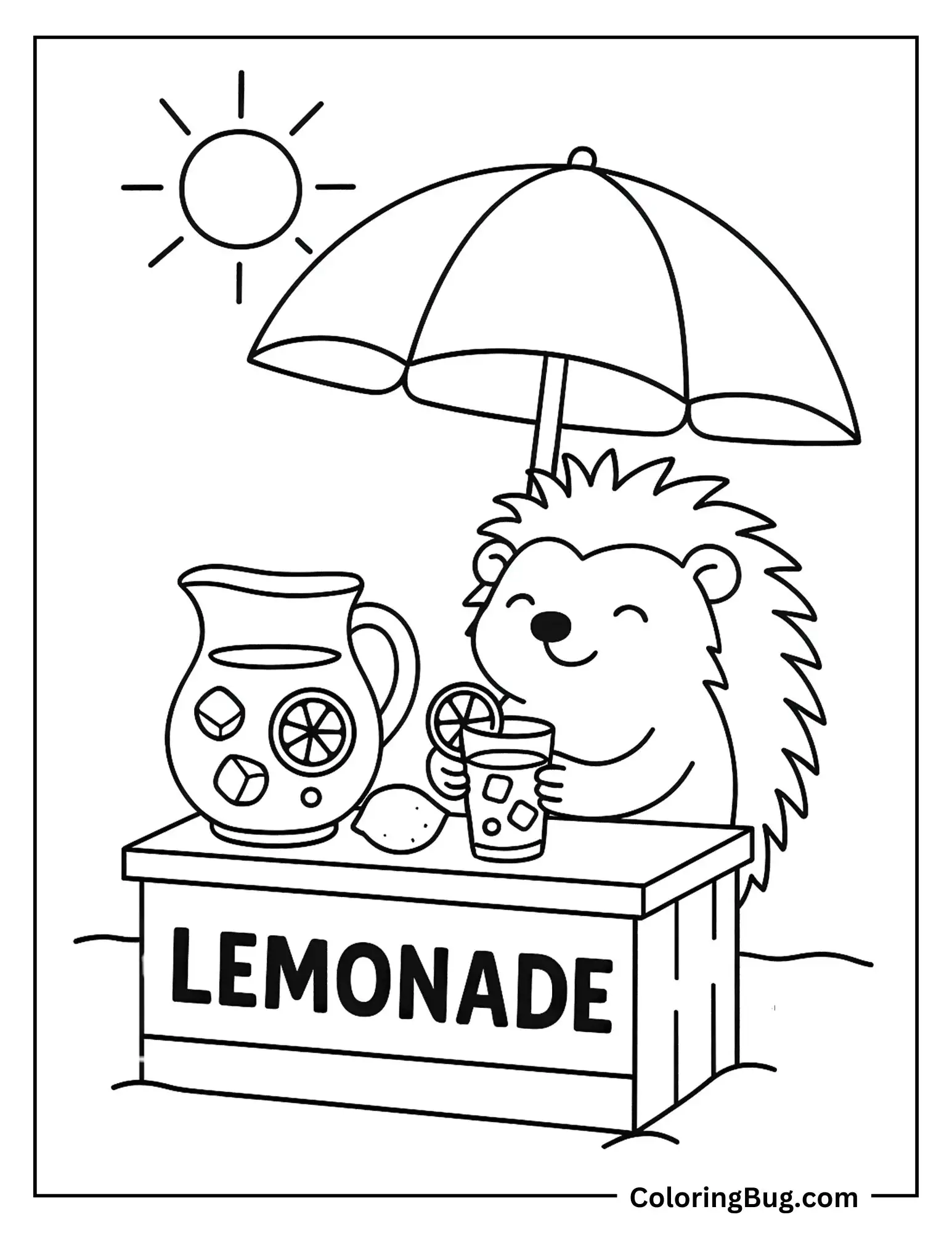 Hedgehog Selling Lemonade on Hot Summer Day Coloring Sheet