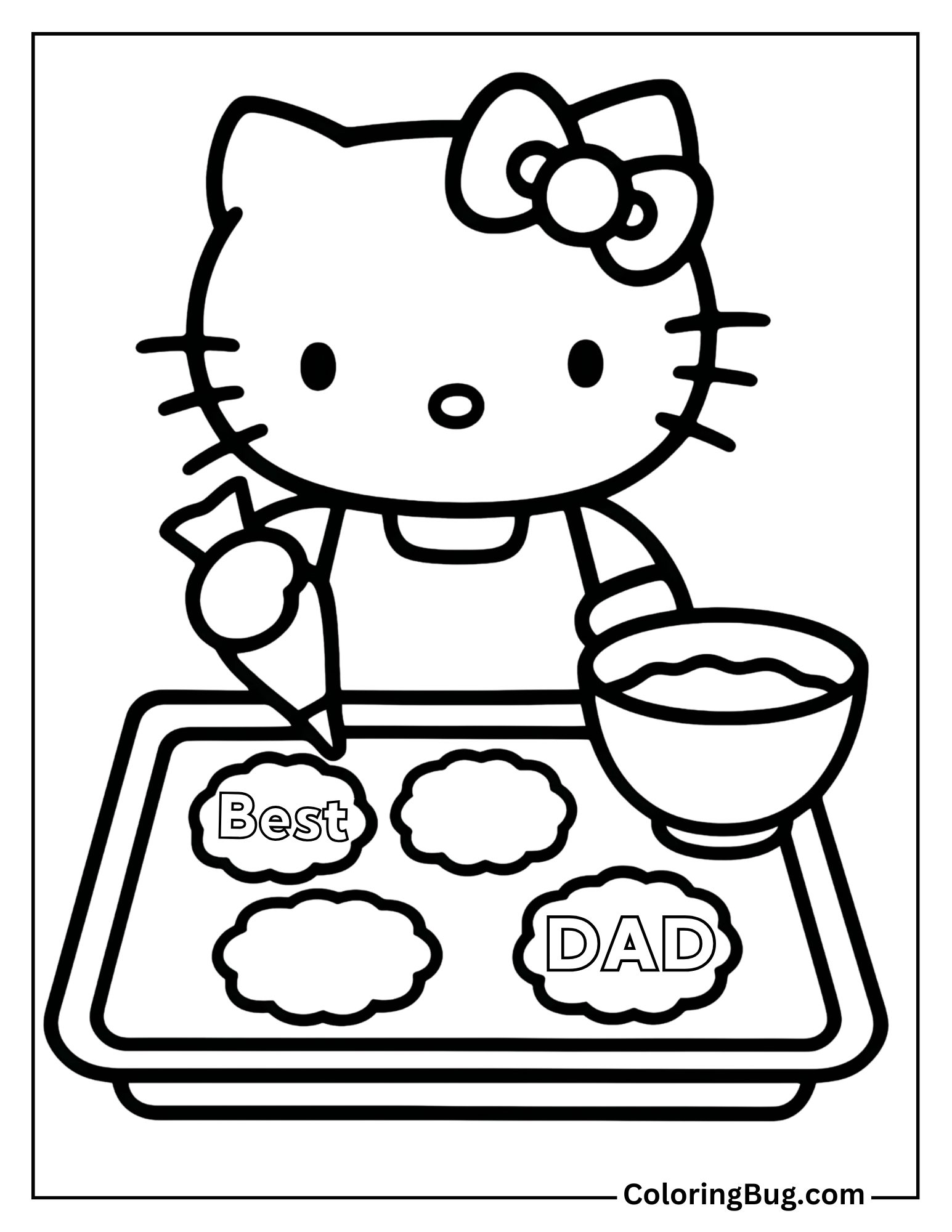 Hello Kitty Baking Cookies with "Best Dad" Written in Frosting Coloring Sheet