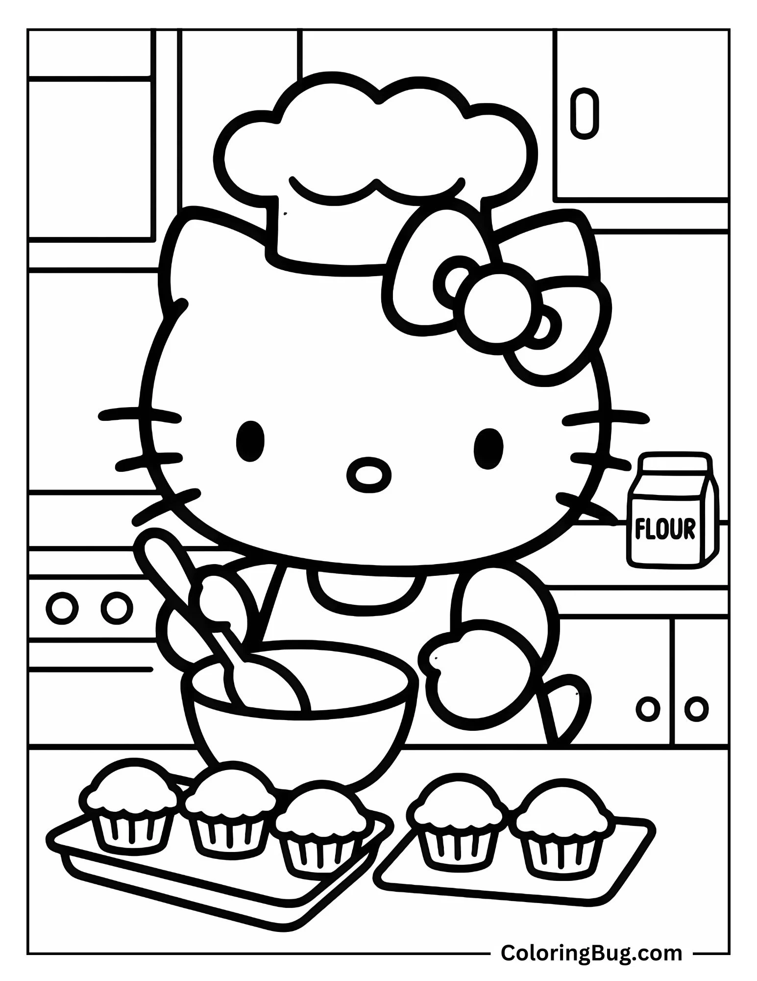 Hello Kitty Baking Cupcakes In Kitchen Coloring Sheet