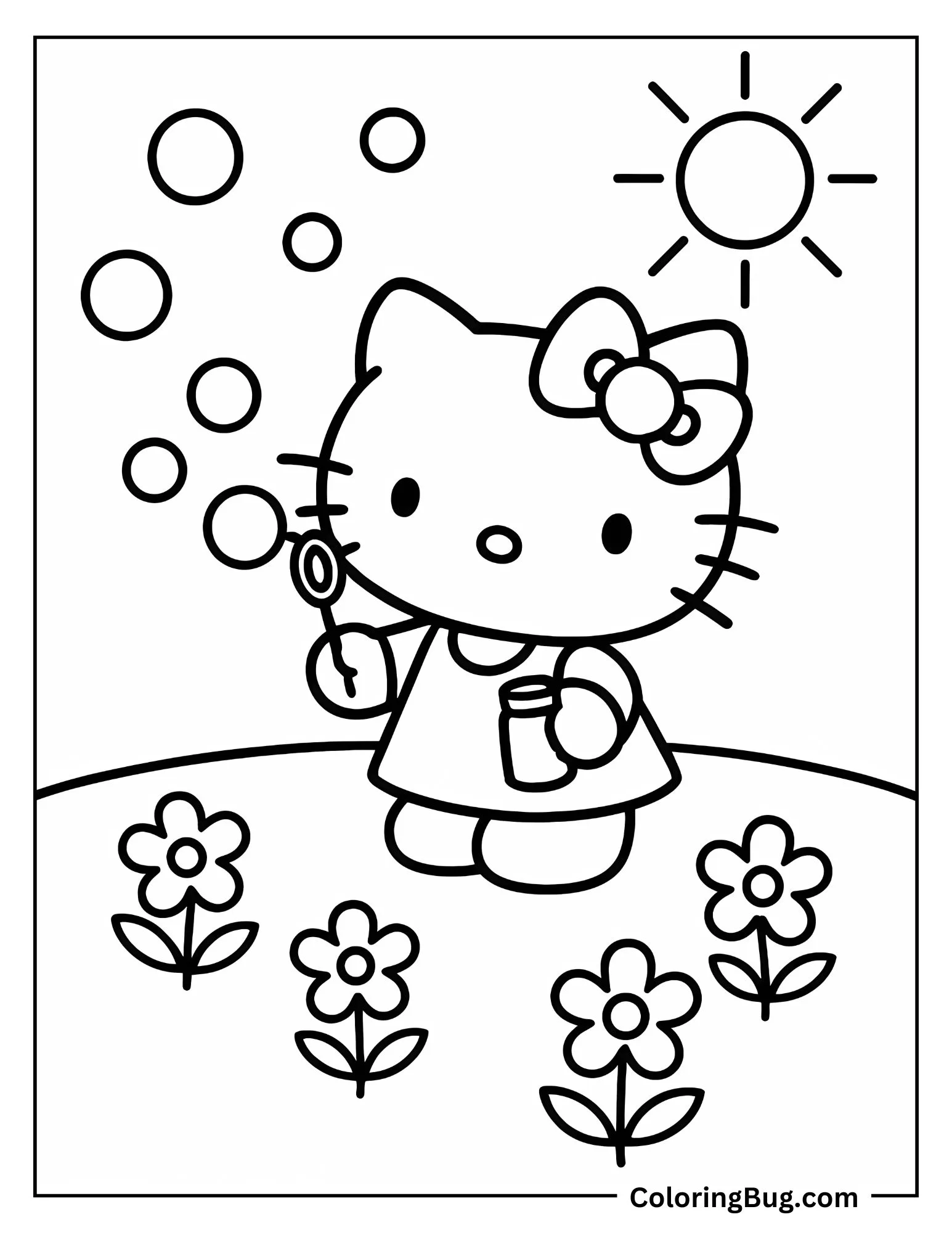 Hello Kitty Blowing Bubbles in Meadow Coloring Sheet