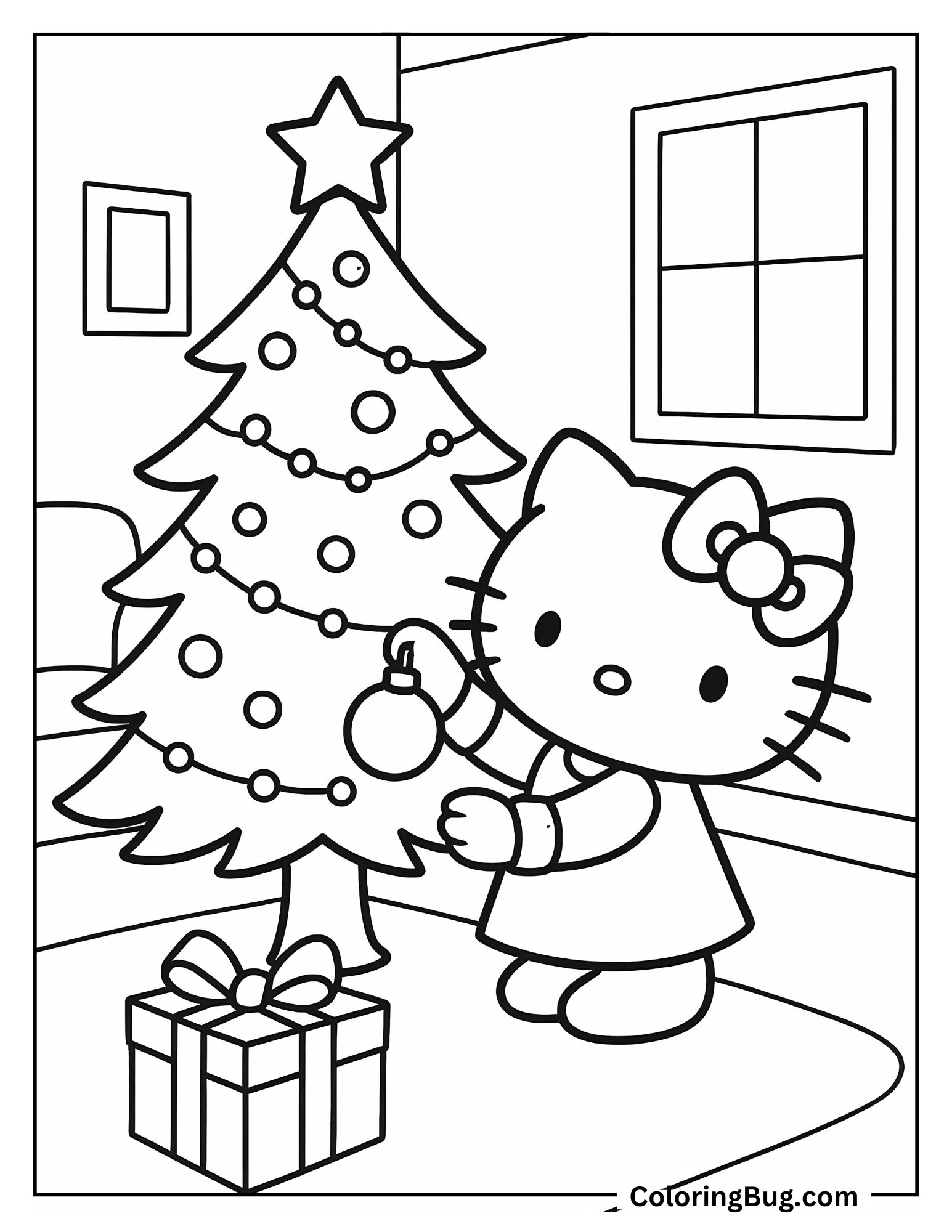 Hello Kitty Decorating Christmas Tree Coloring Sheet