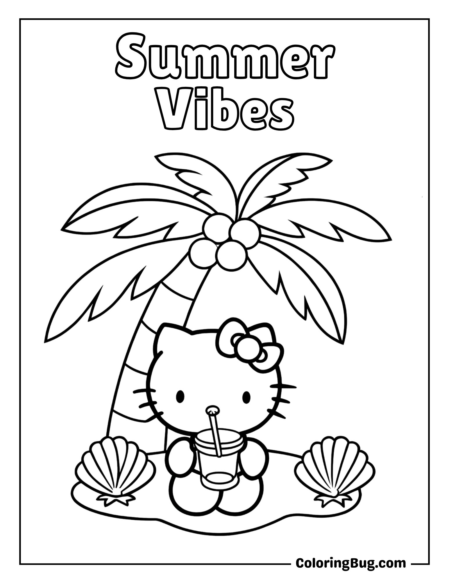 Hello Kitty Drinking Fresh Lemonade Under the Palm Tree on Beach Coloring Sheet