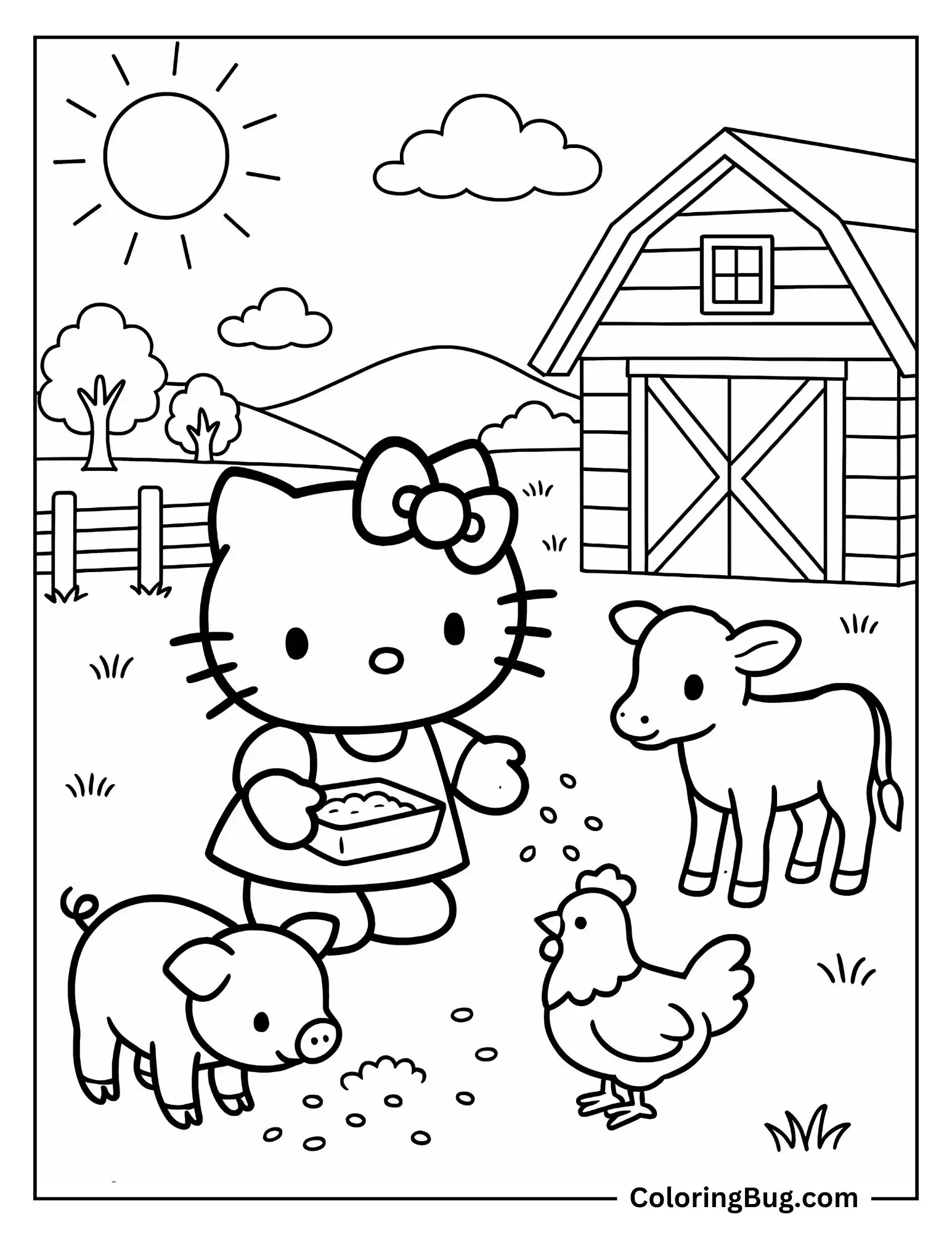 Hello Kitty Feeding Farm Animals at a Countryside Barn Coloring Sheet