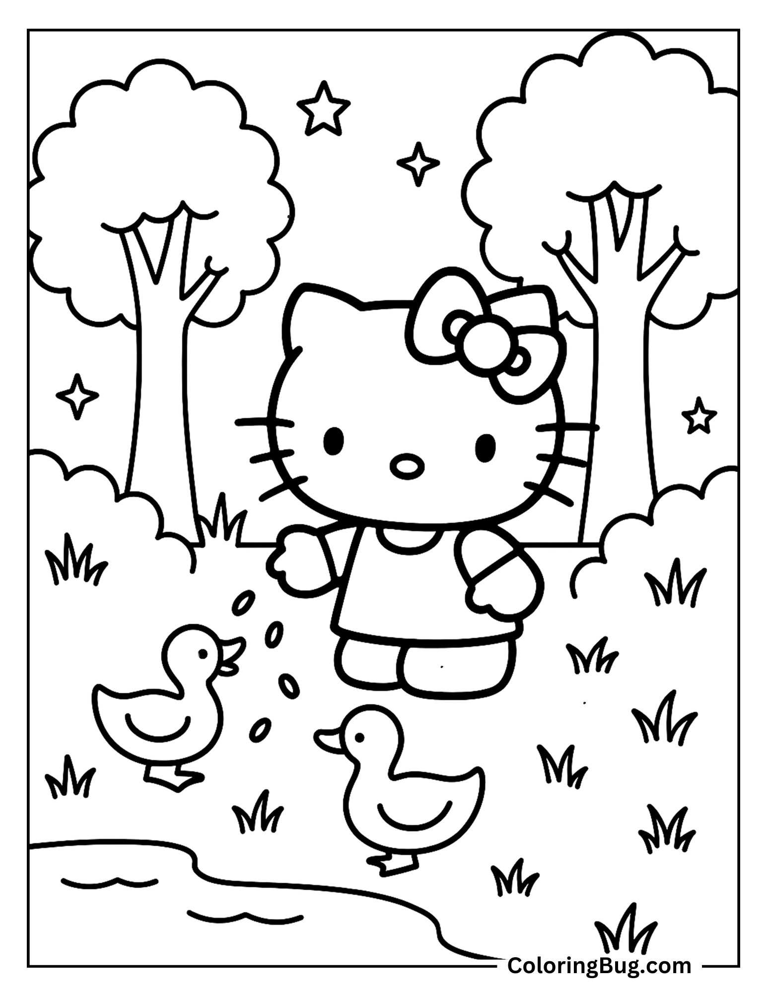 Hello Kitty Feedings Ducks Coloring Sheet