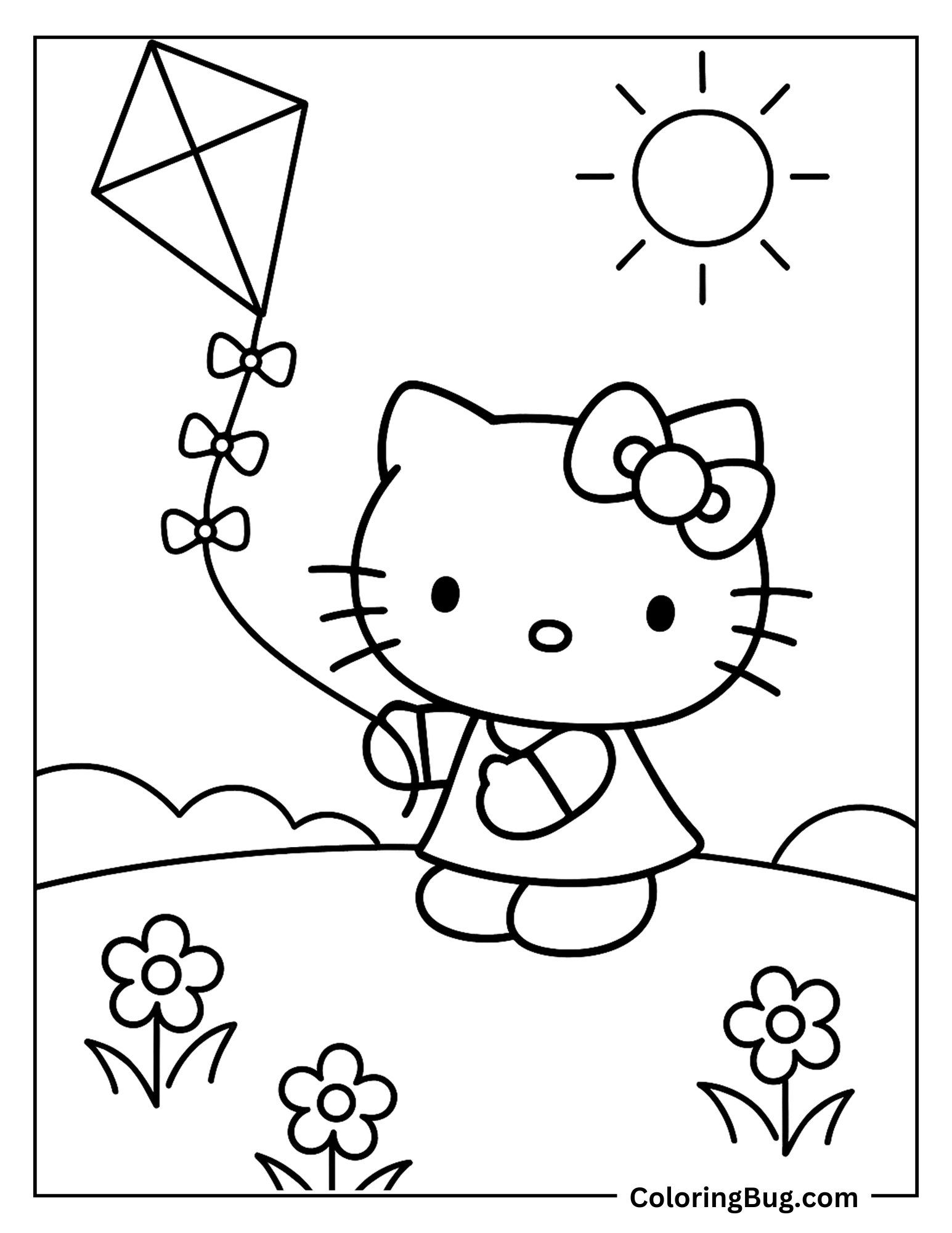 Hello Kitty Flying Kite in Meadow Coloring Sheet