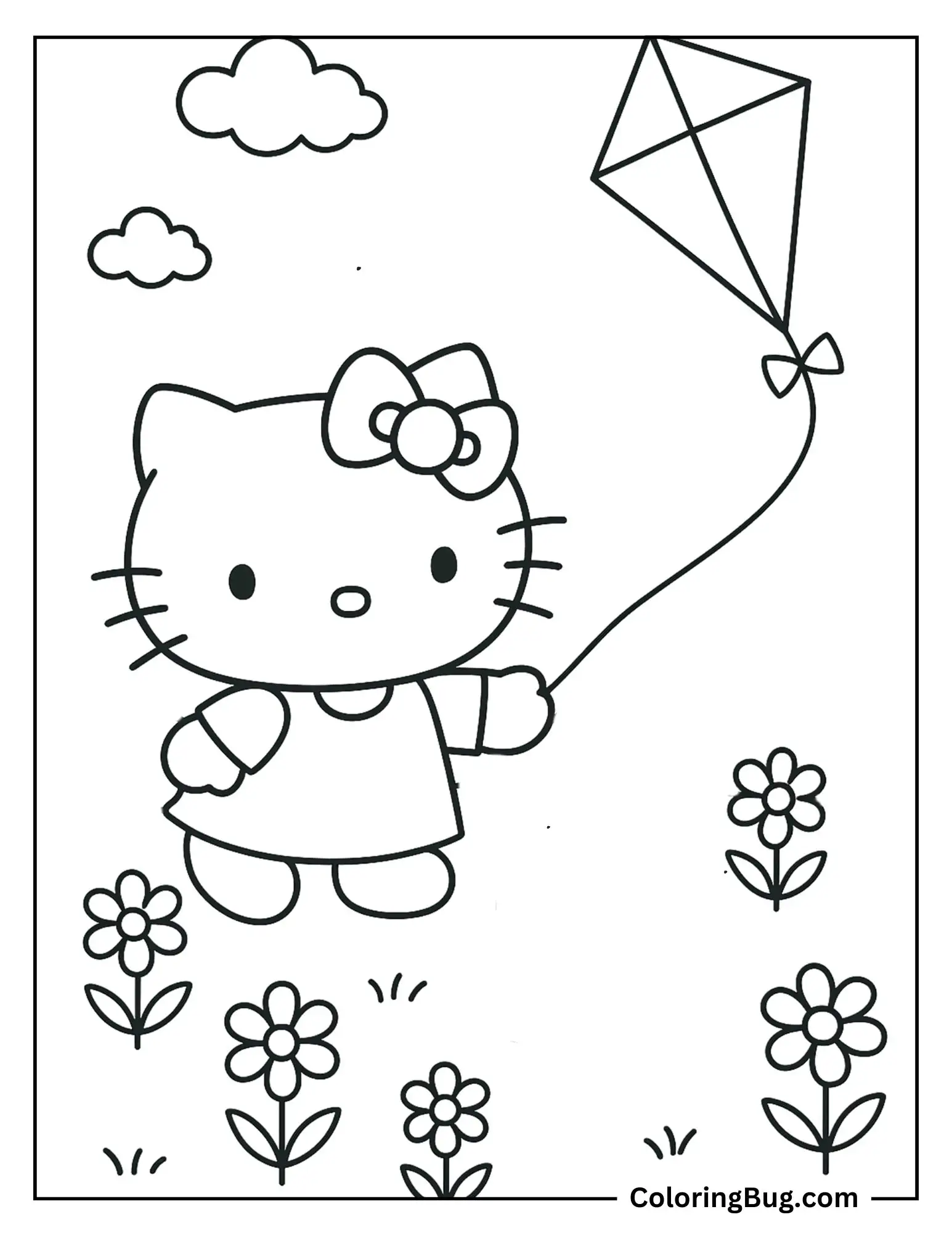 Hello Kitty Flying a Kite Coloring Sheet