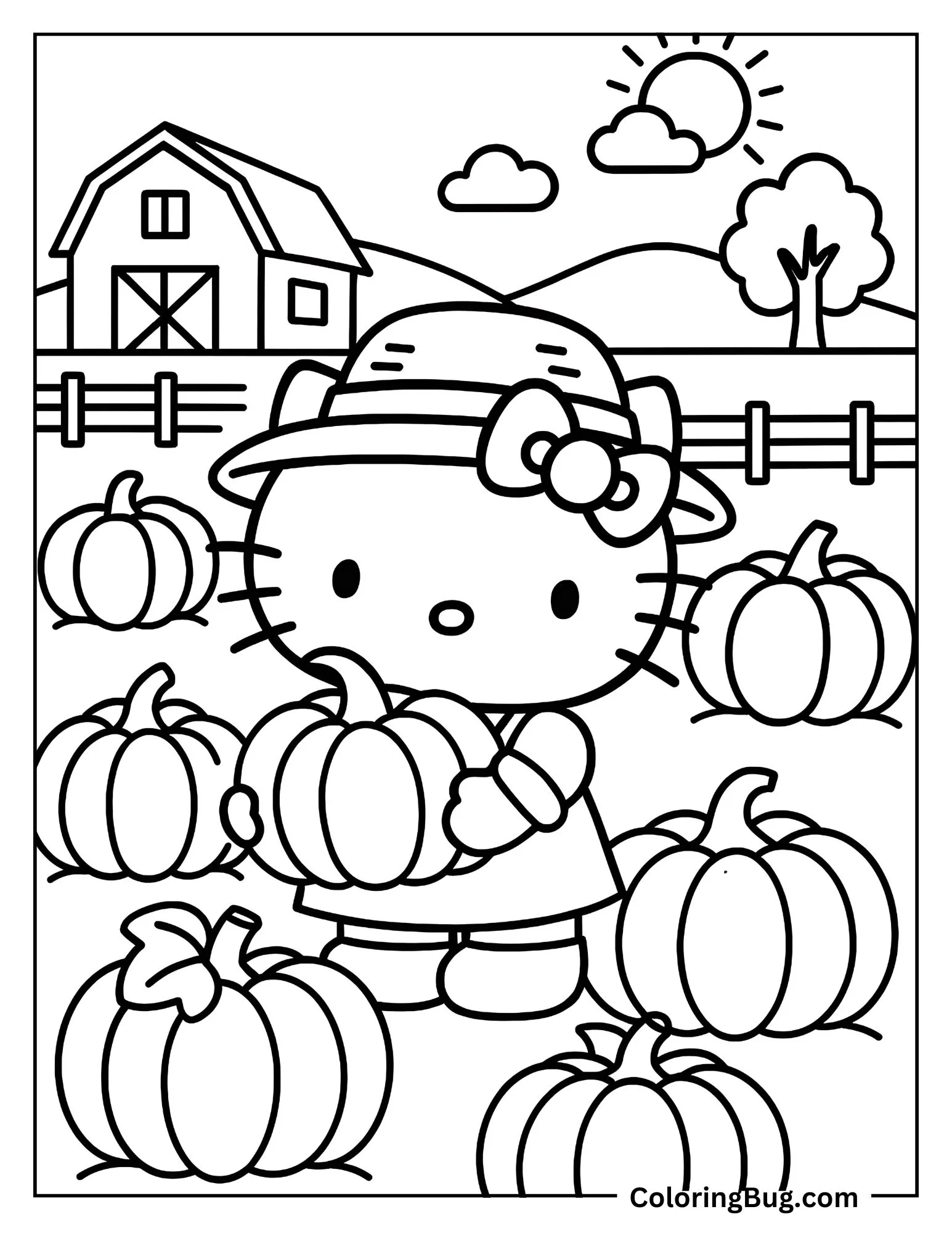 Hello Kitty Harvesting Pumpkins on a Farm Coloring sheet