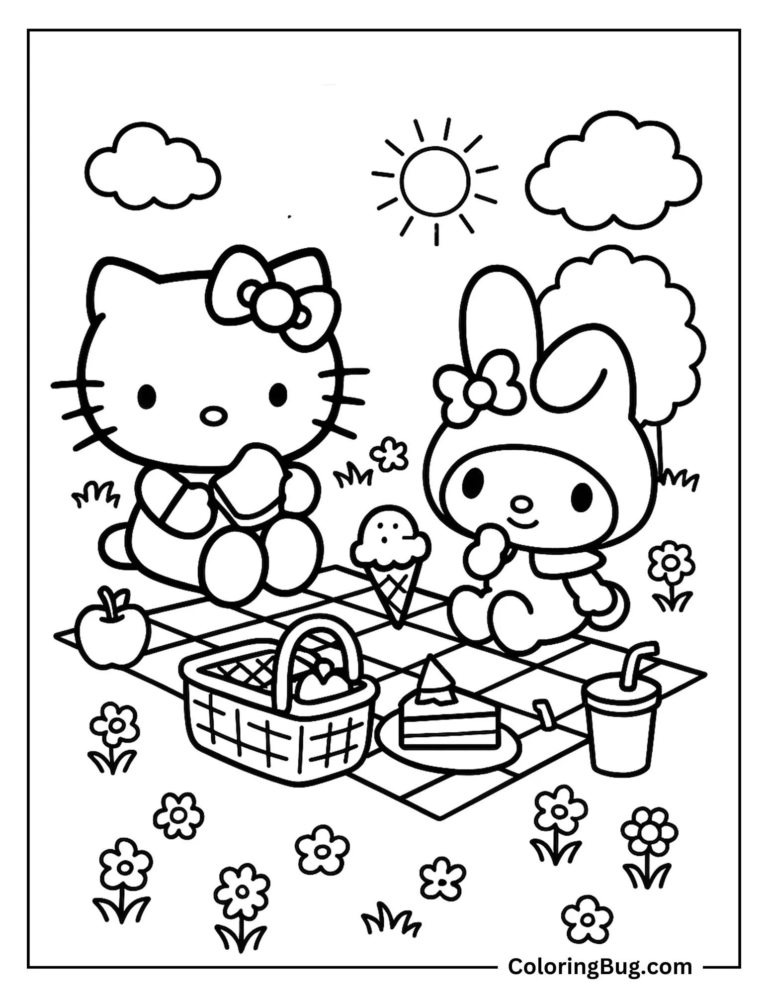 Hello Kitty Having Picnic With My Melody Coloring Sheet