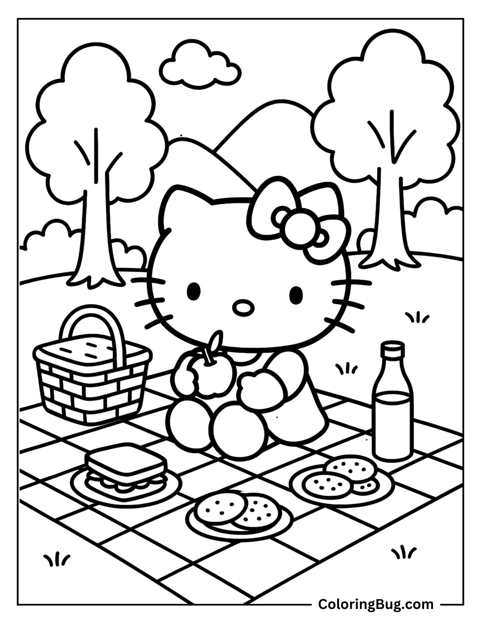 Hello Kitty Having Picnic in Park Coloring Sheet
