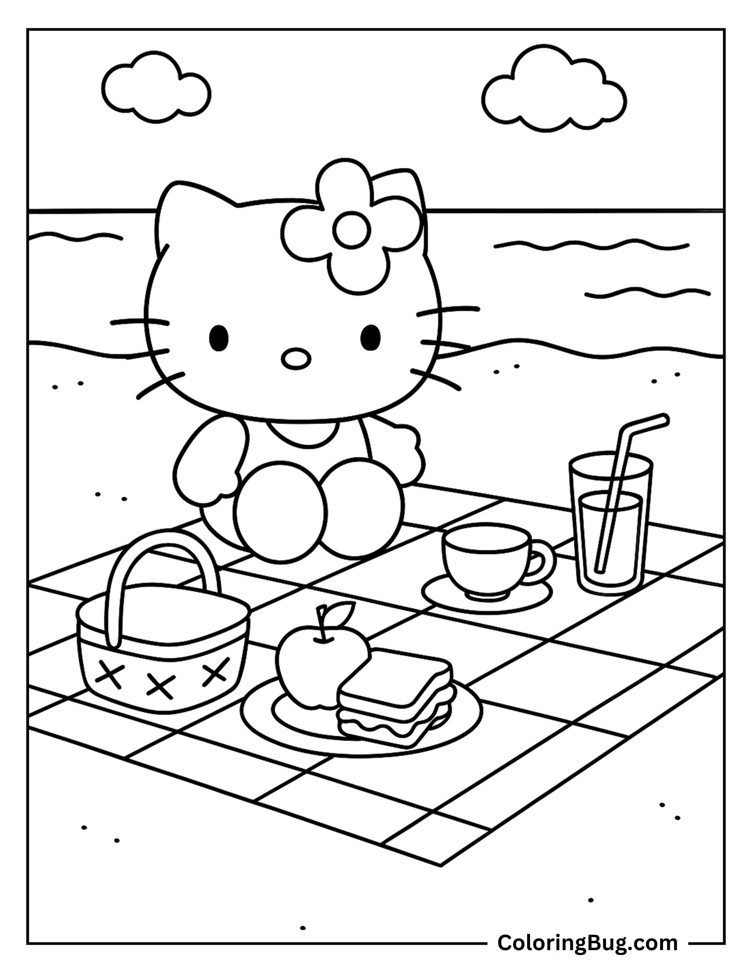 Hello Kitty Having Picnic on Beach Coloring Sheet