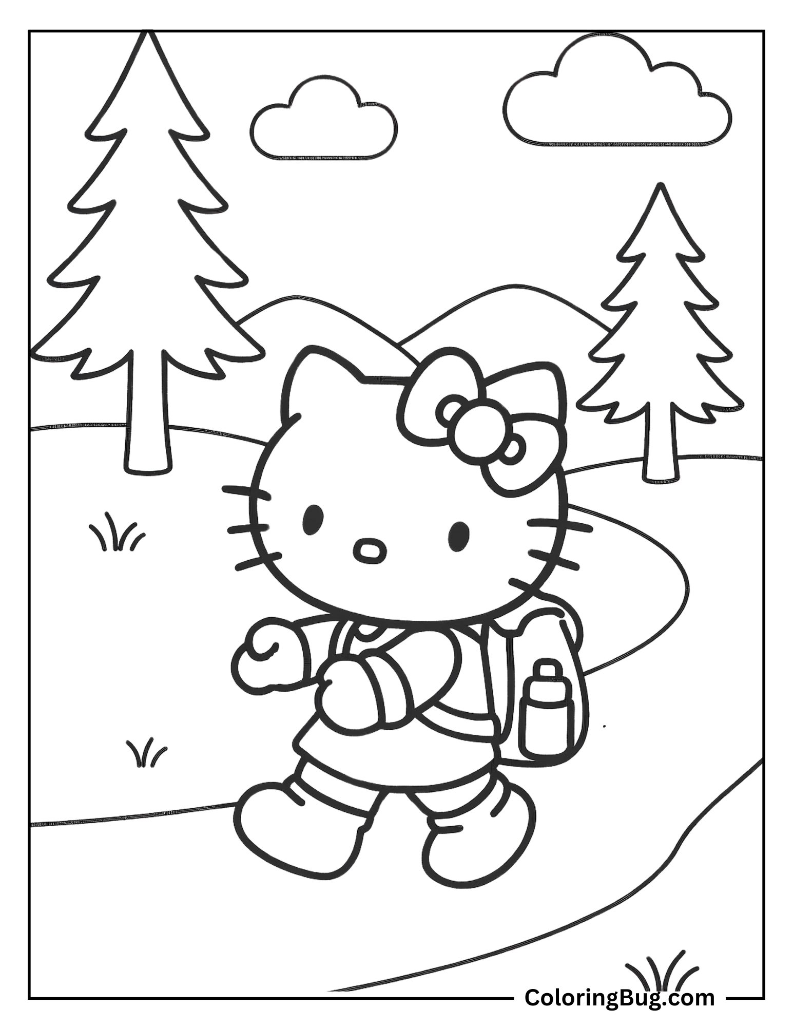 Hello Kitty Hiking in the Forest With a Backpack Coloring sheet