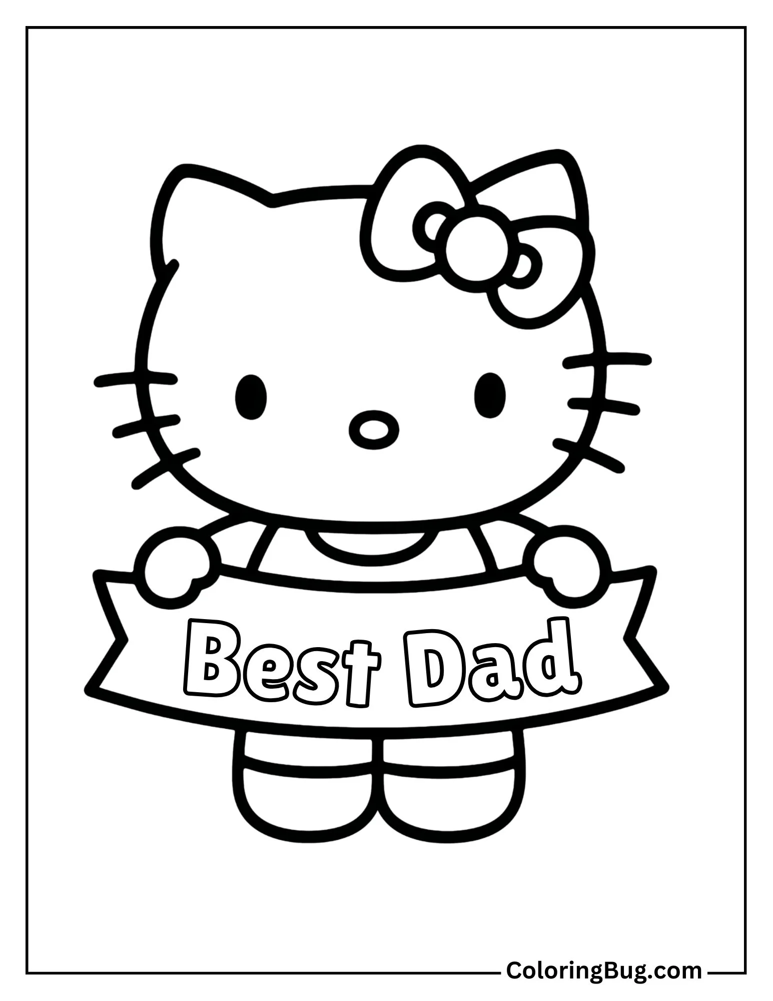 Hello Kitty Holding &ldquo;Best Dad&rdquo; Banner Coloring Sheet