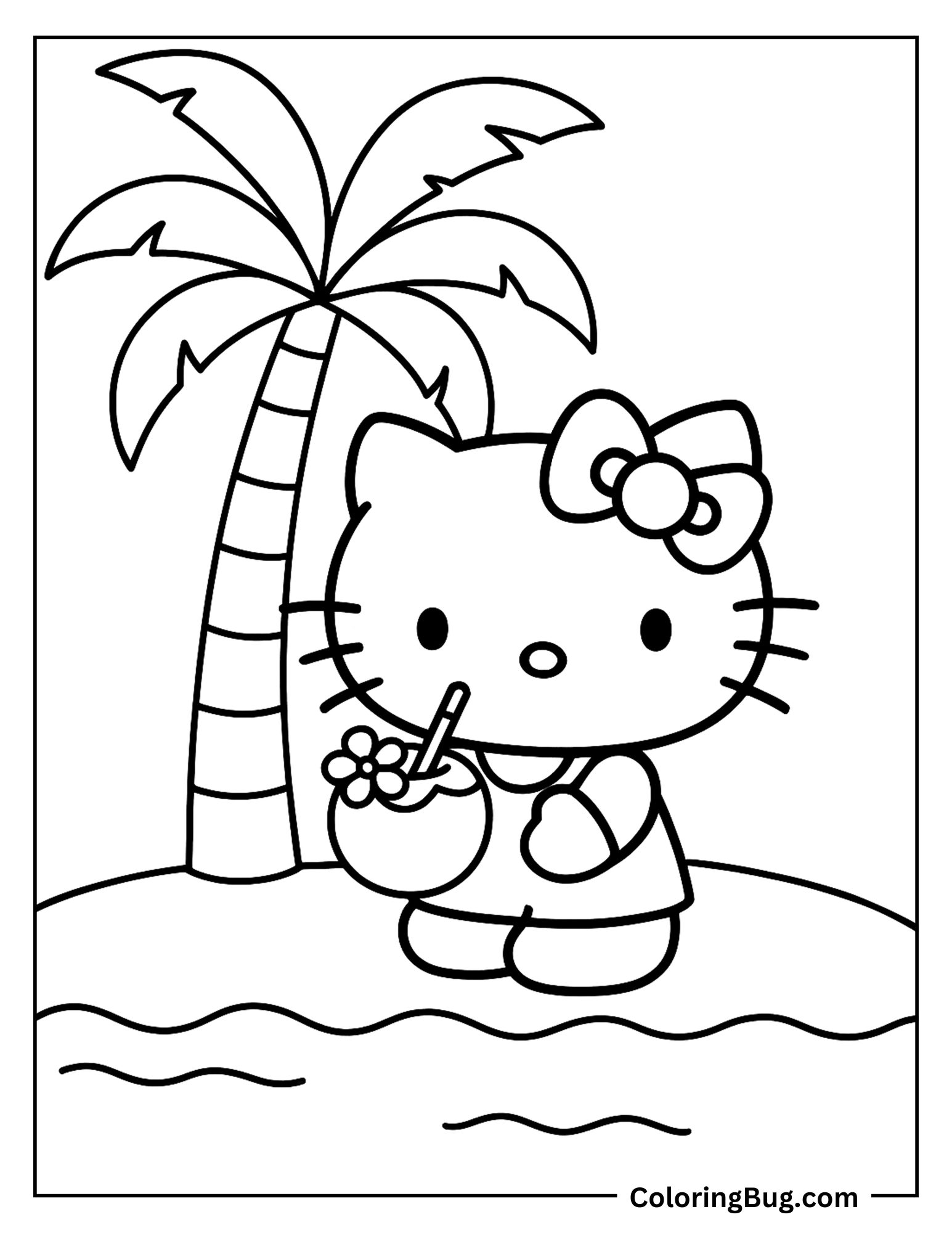 Hello Kitty Holding Coconut Drink Under Palm Tree Coloring Sheet