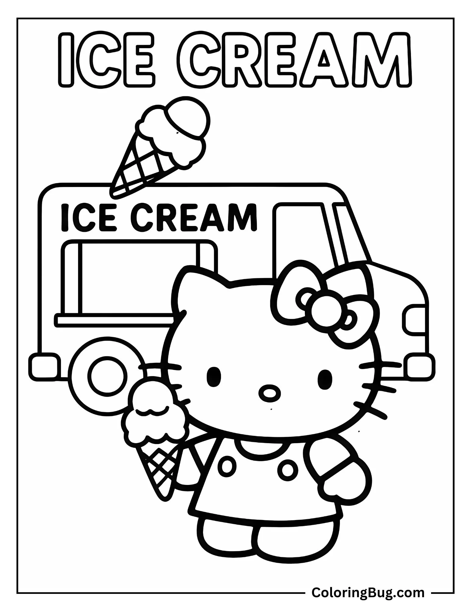 Hello Kitty Holding Ice Cream Coloring Sheet