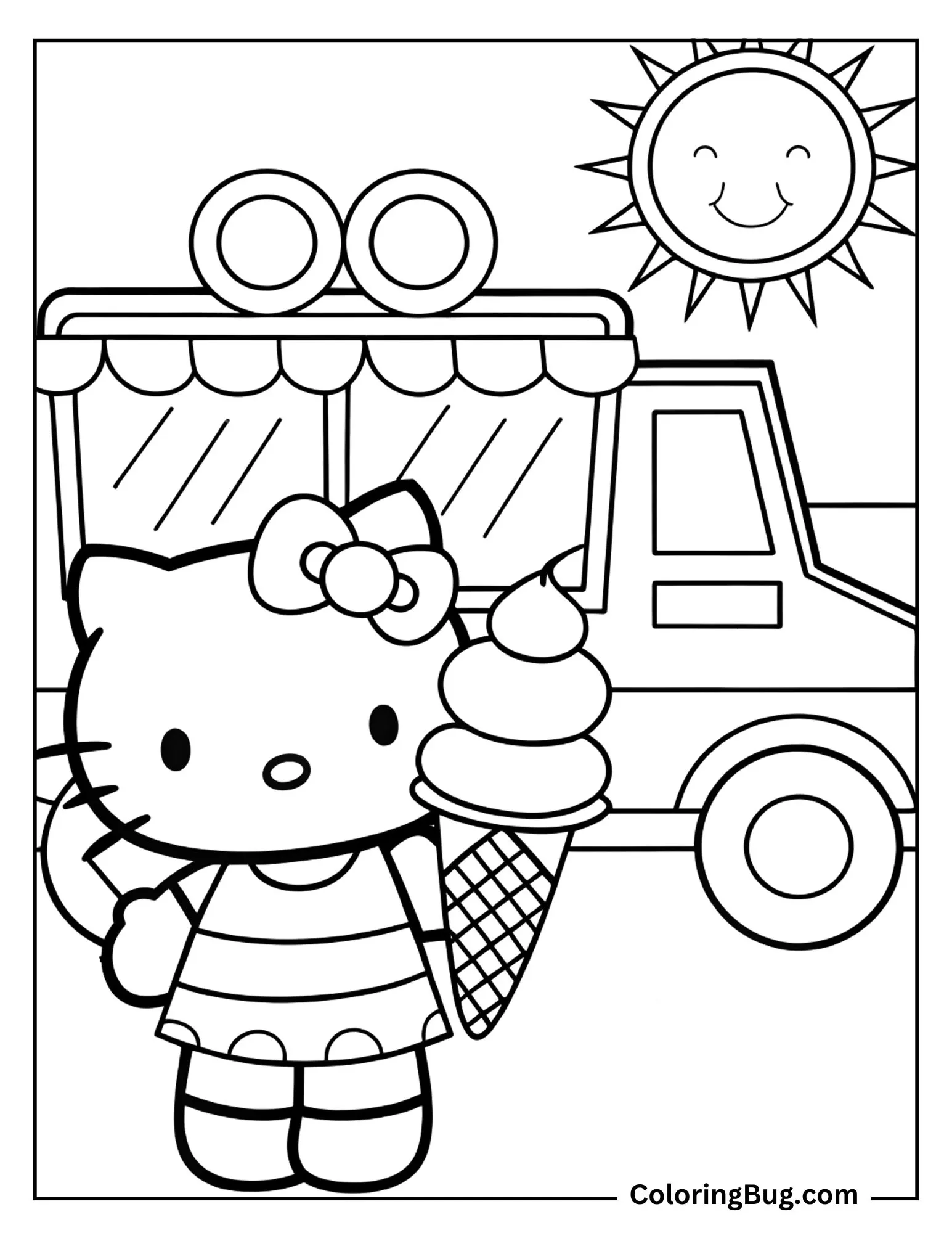 Hello Kitty Holding Ice Cream Cone During Summers Coloring Sheet