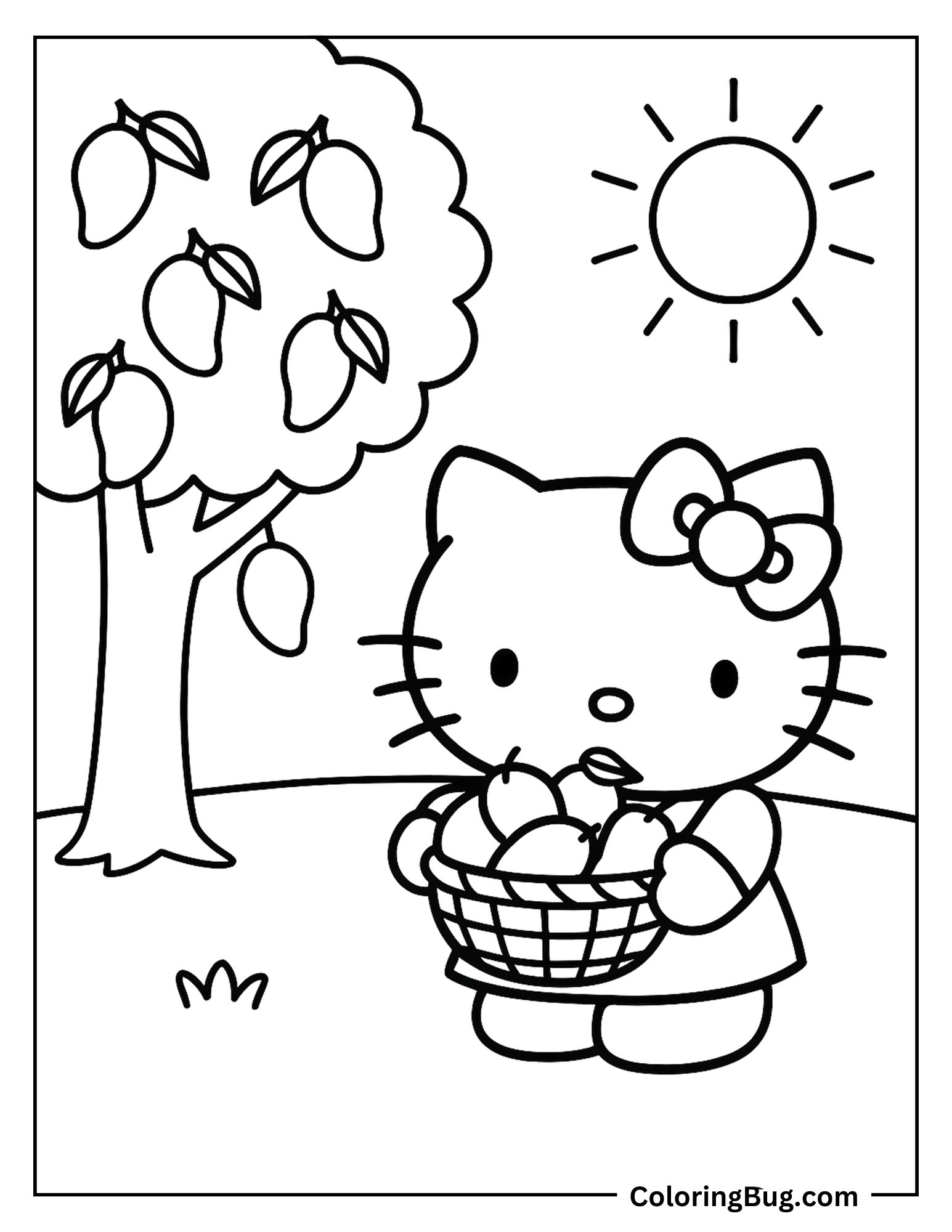 Hello Kitty Holding Mangoes Basket Coloring Sheet