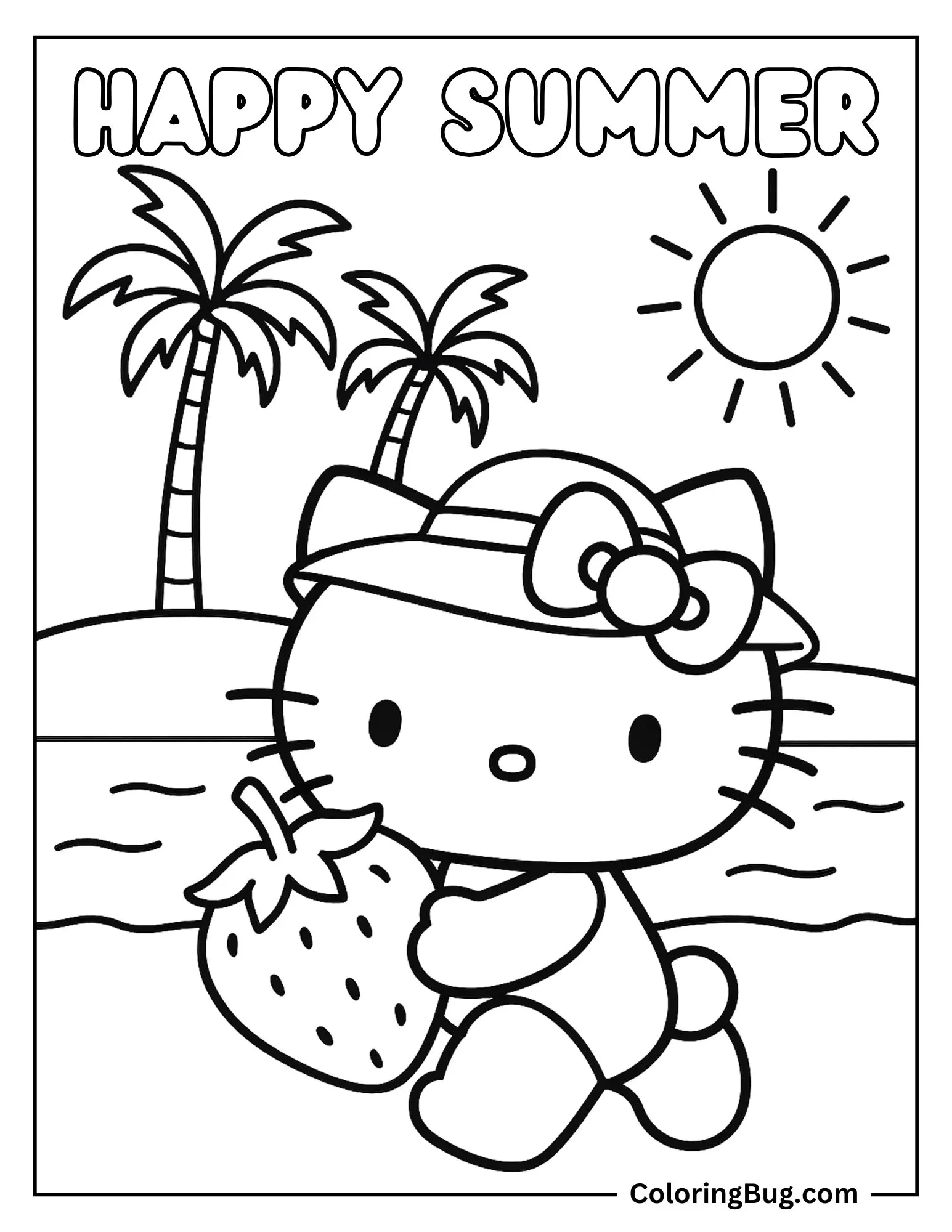 Hello Kitty Holding Strawberry on Beach Coloring Sheet