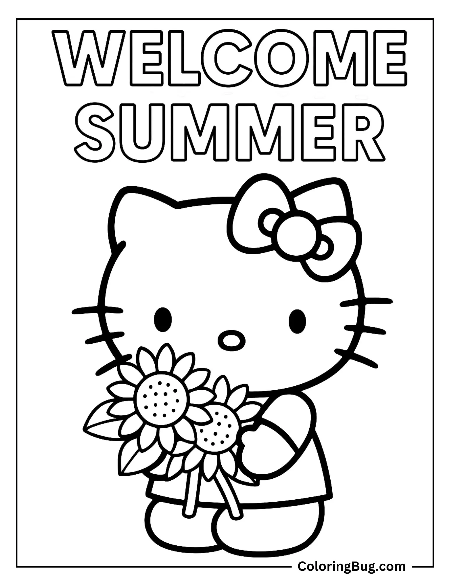 Hello Kitty Holding Sunflowers Welcome Summer  Coloring Sheet