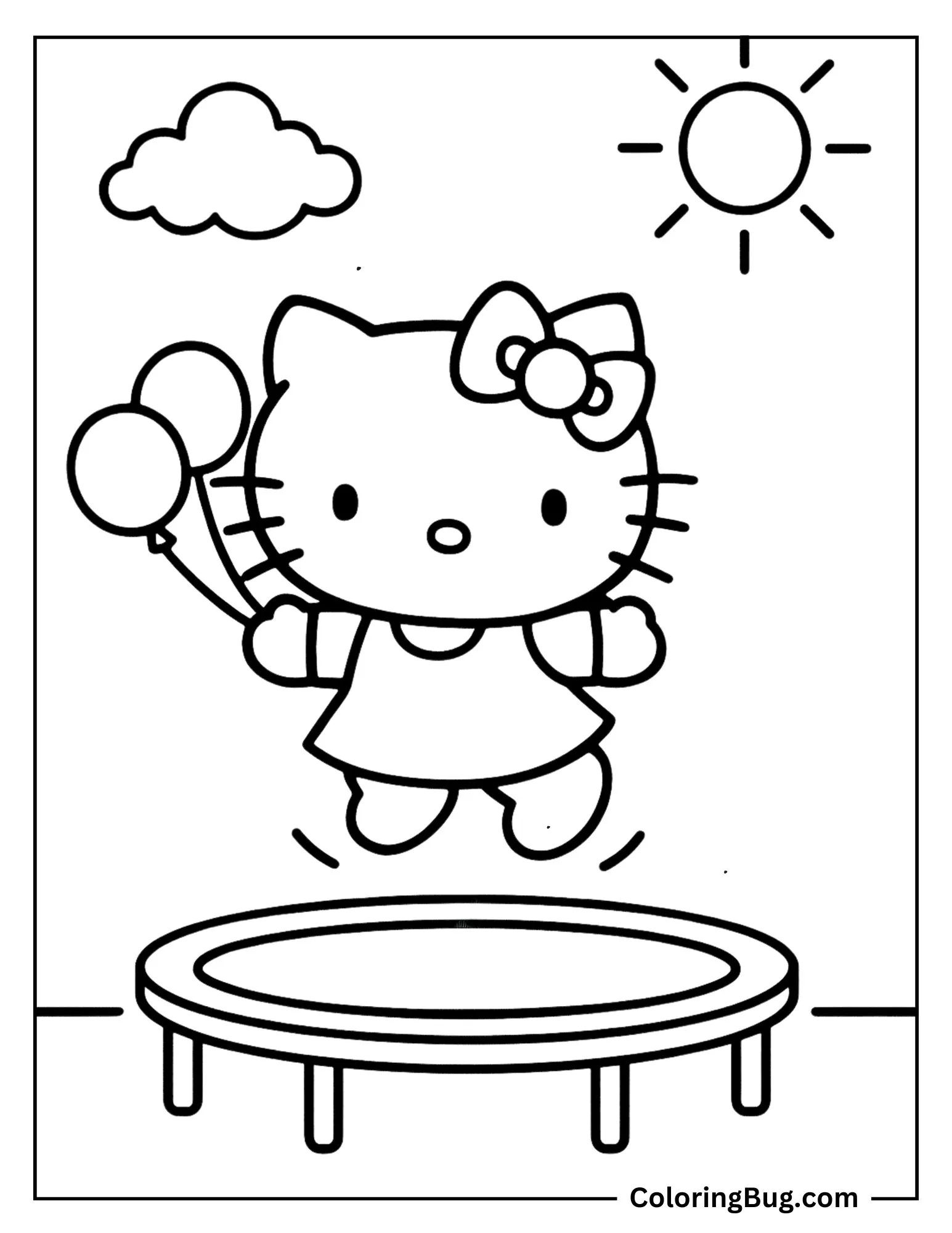 Hello Kitty Jumping on a Trampoline Under a Sunny Sky Coloring Sheet