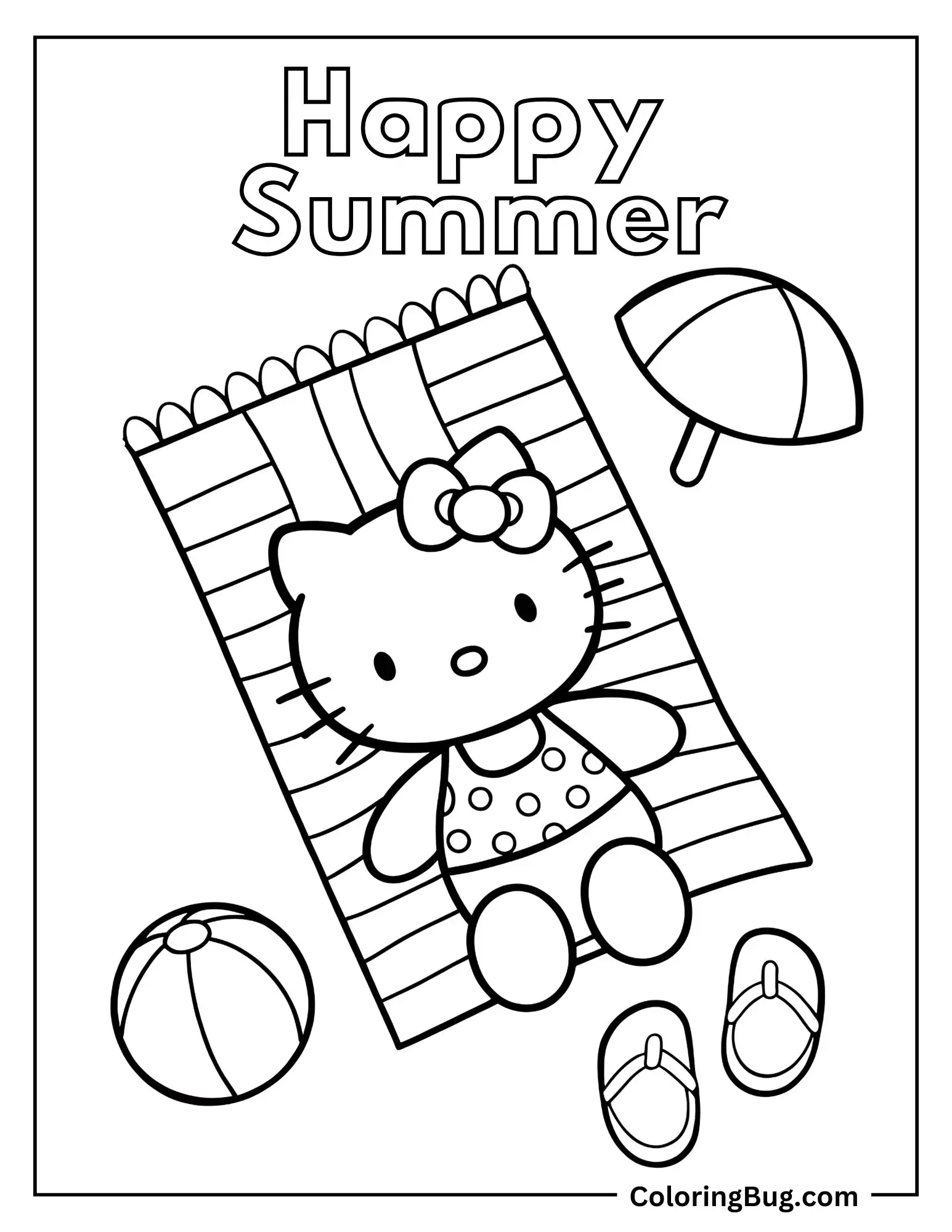 Hello Kitty Lying on a Beach Towel Coloring Sheet