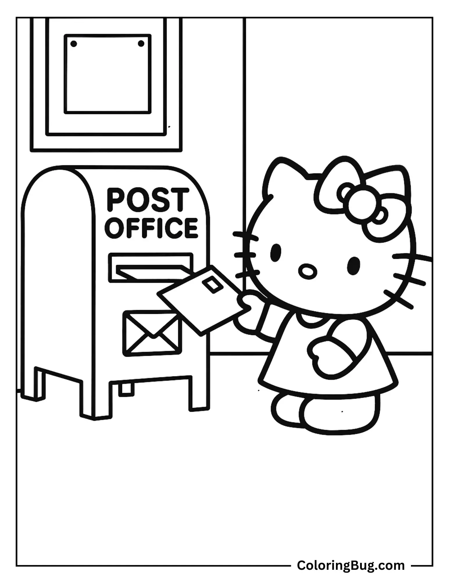 Hello Kitty Mailing a Letter at the Post Office Coloring Sheet