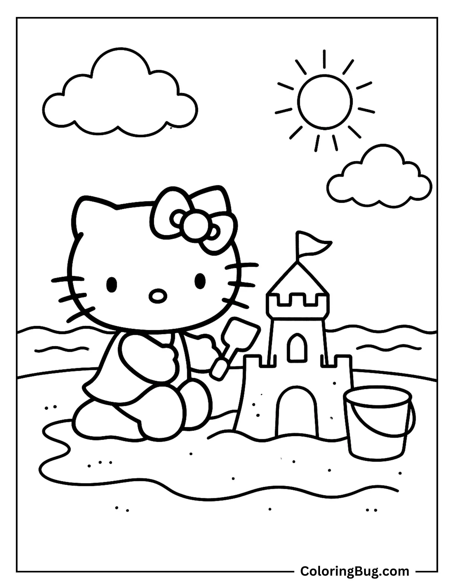 Hello Kitty Making Sand Castle Coloring Sheet