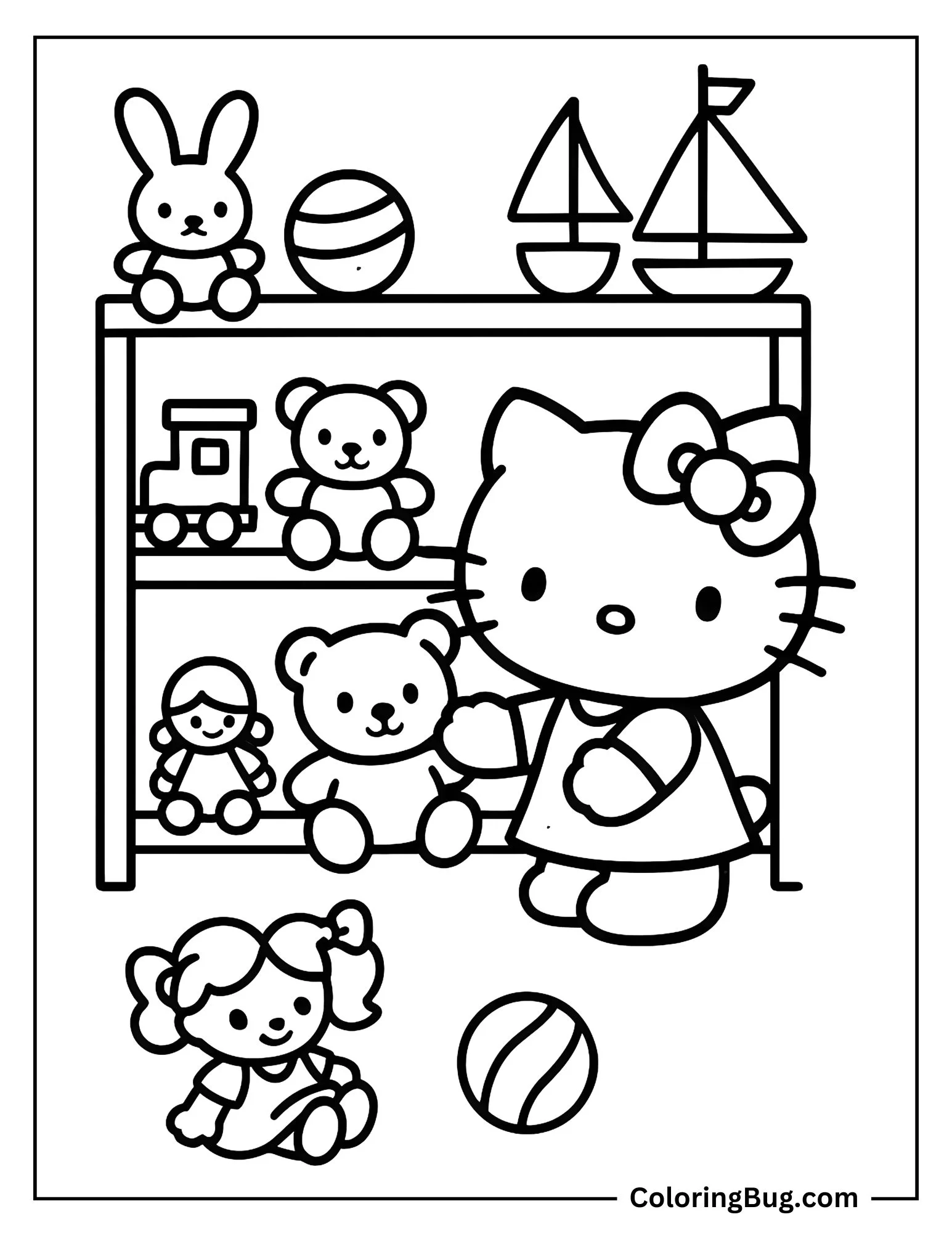 Hello Kitty Organizing Her Toy Shelf Coloring Sheet