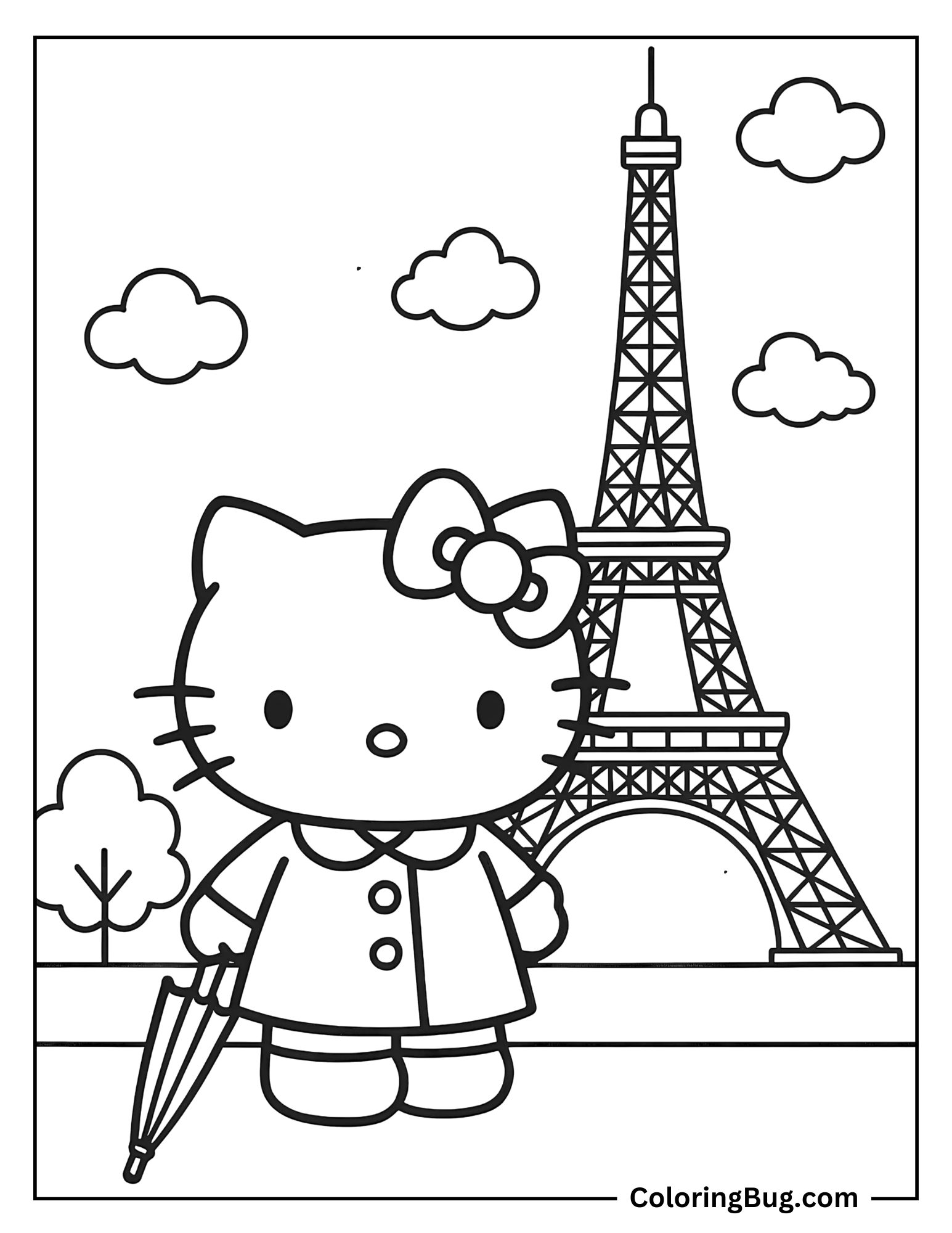 Hello Kitty Outside Eiffel Tower Coloring Sheet