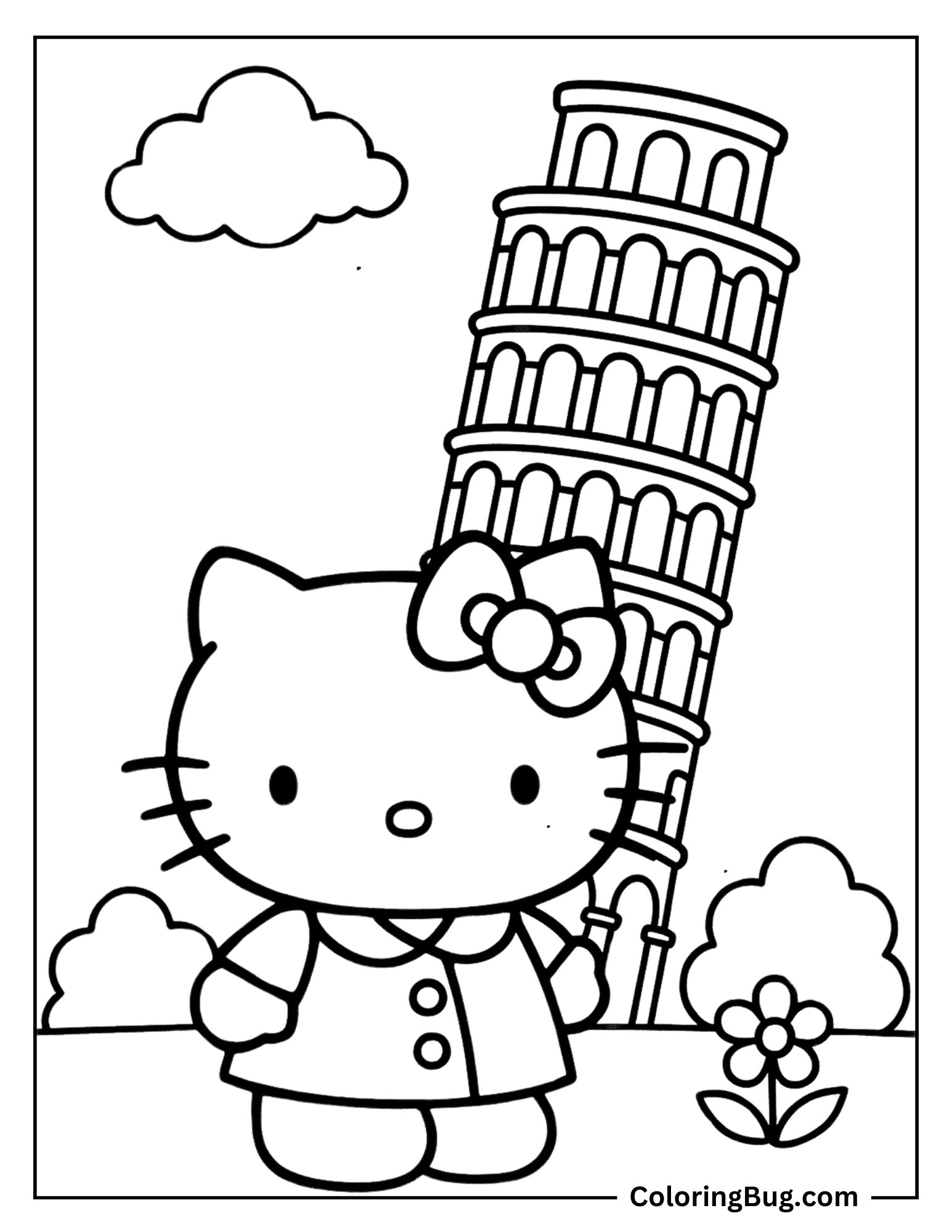 Hello Kitty Outside Leaning Tower of Pisa Coloring Sheet