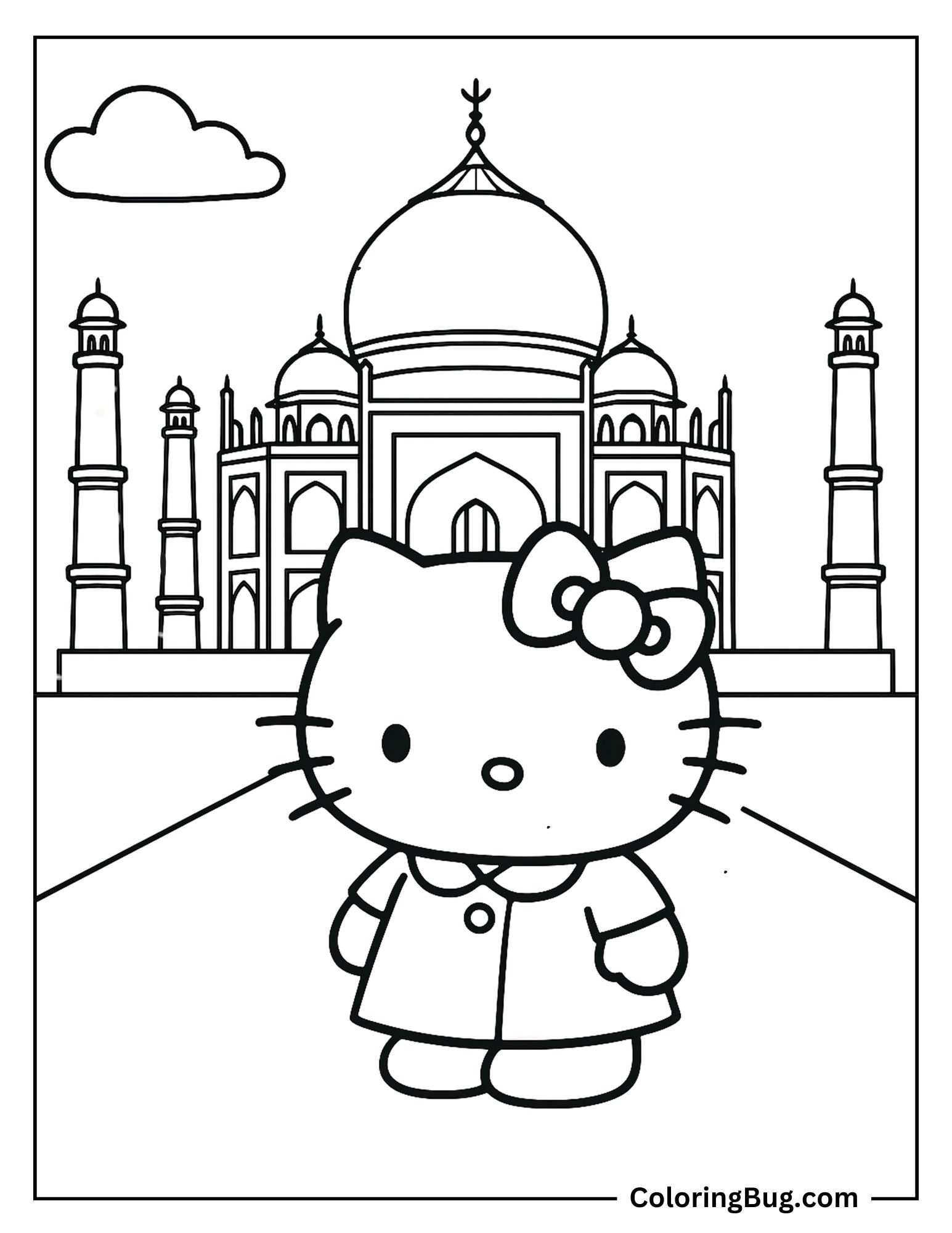 Hello Kitty Outside Taj Mahal Coloring Sheet